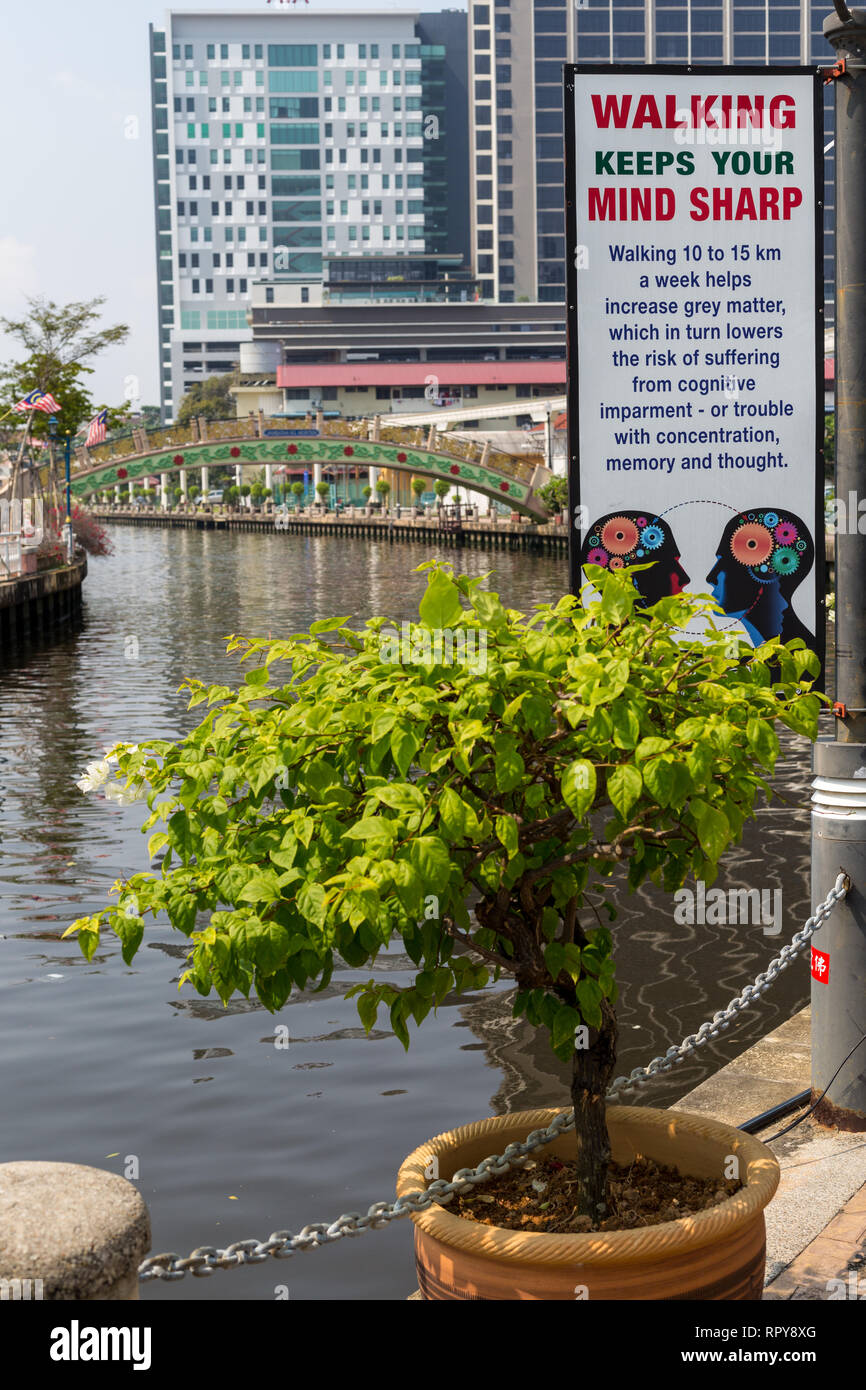 Health, Physical, and Mental Health Poster along the Melaka Riverwalk, Melaka River, Melaka, Malaysia. Stock Photo