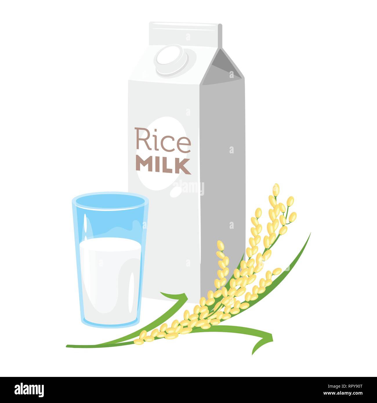 Vegetarian paper pack of rice milk with glass and brunch of cereal ...