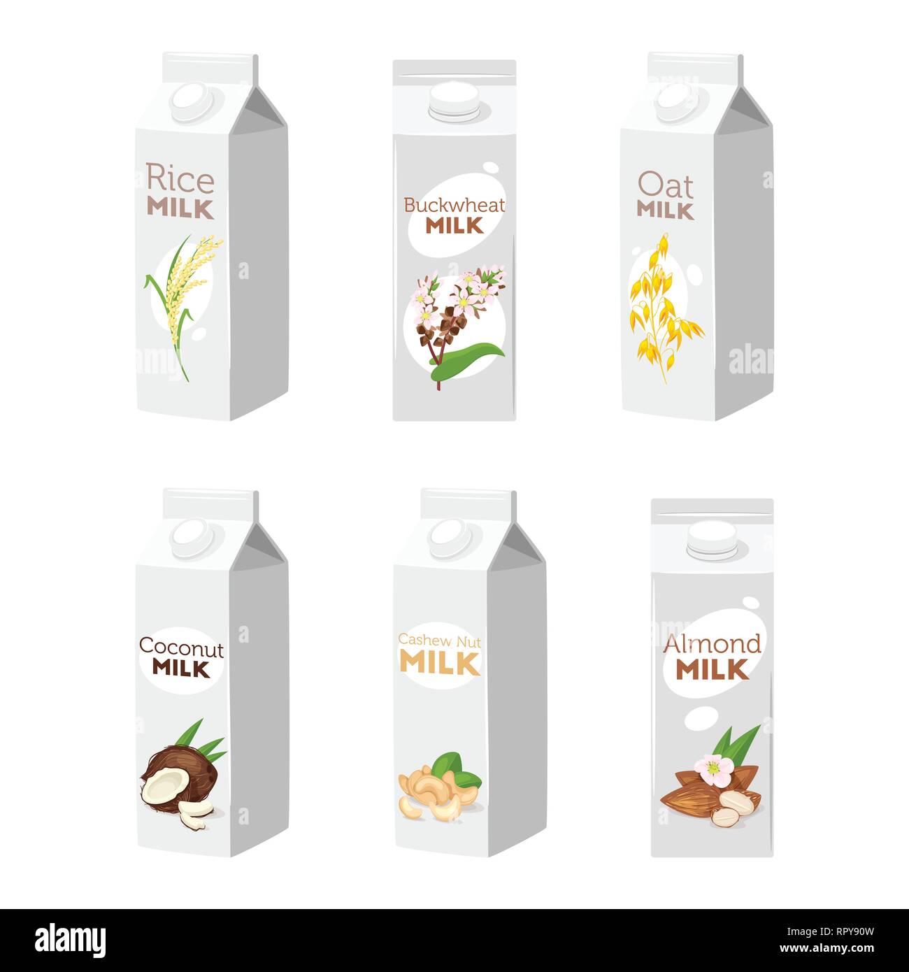 Set of vegetarian paper packs of milk. Vector illustration isolated on white background. Stock Vector