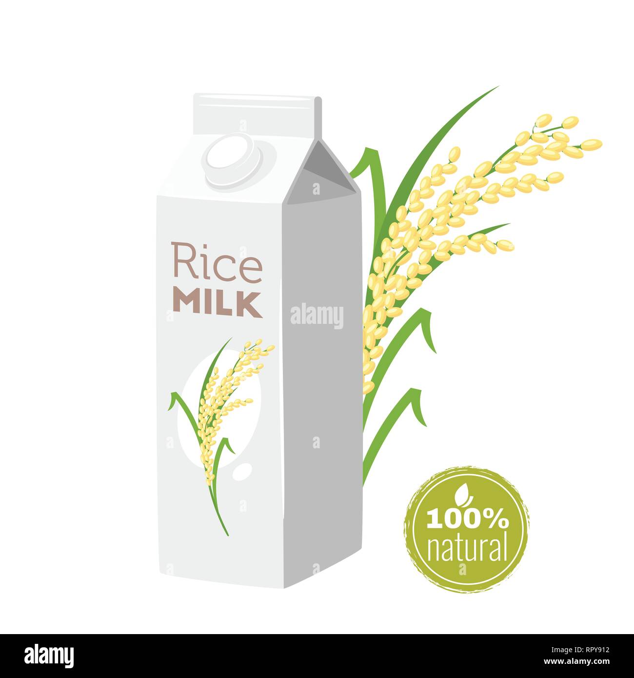 Vegetarian paper pack of rice milk with glass and brunch of cereal ...