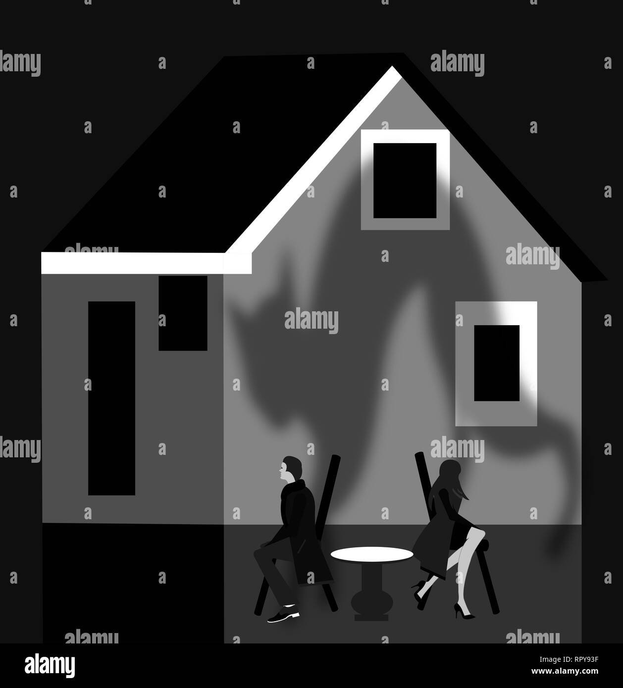 illustration of a broken couple in front of their house Stock Photo