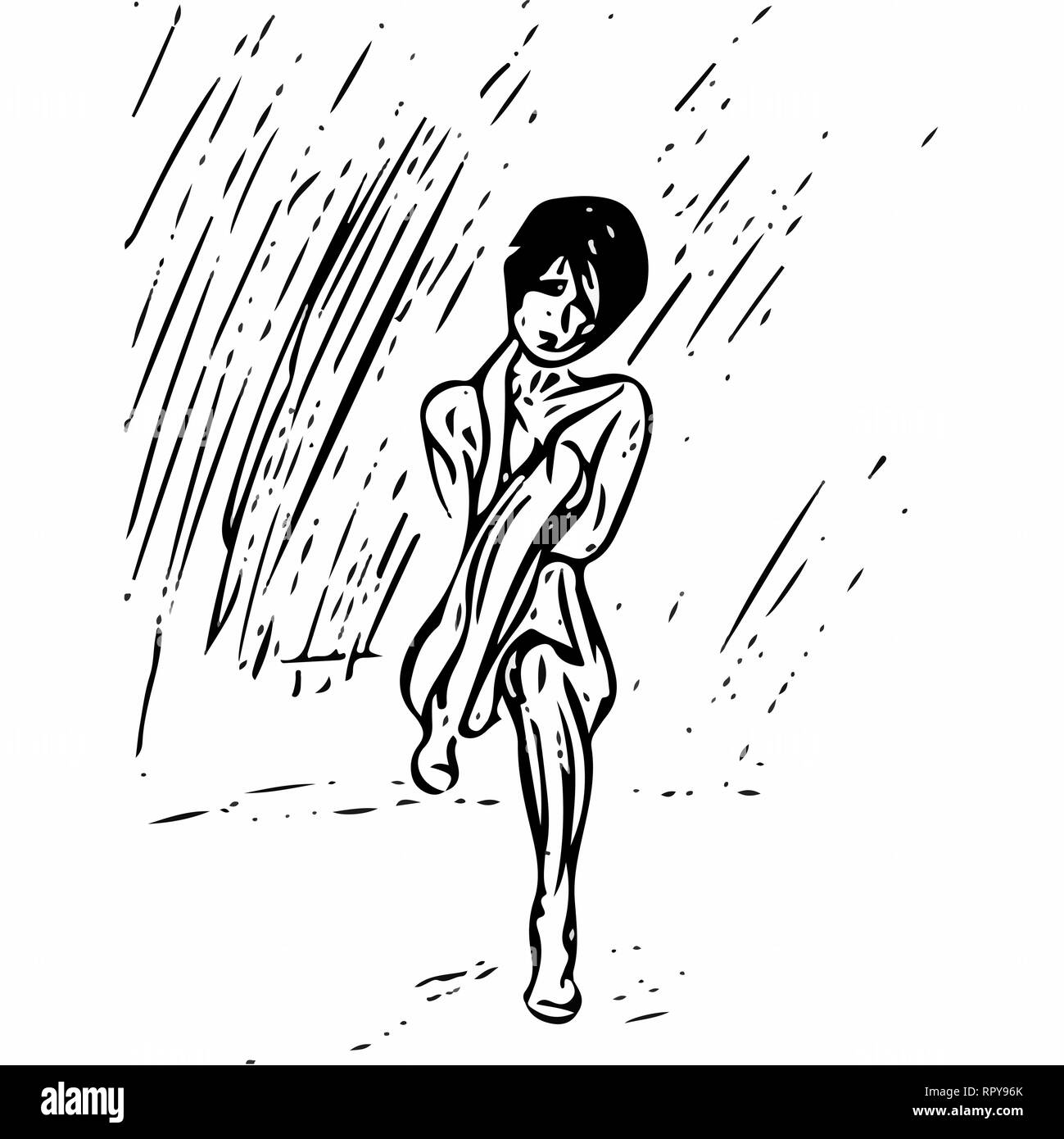 girl sitting in the rain in a closed position Stock Vector