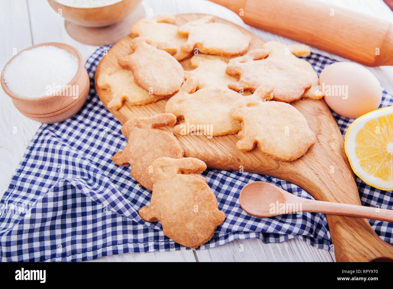 Easter symbol concept. Biscuits with ingredients. Baking Easter cookies bunny-shaped Stock Photo