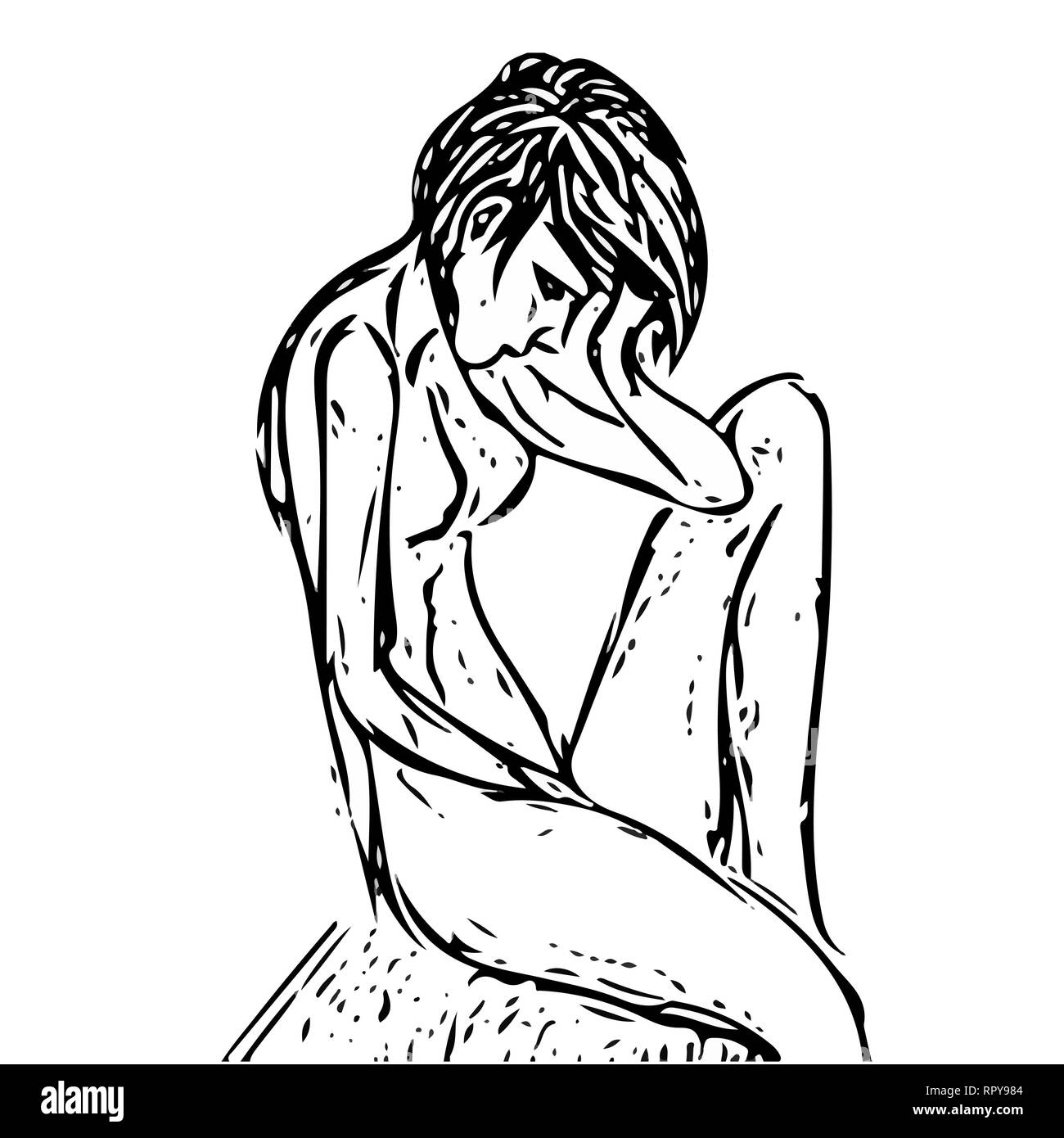 drawn girl sitting obektiv head on his hand and sad. vector drawing with black lines on white isolated background. Stock Vector
