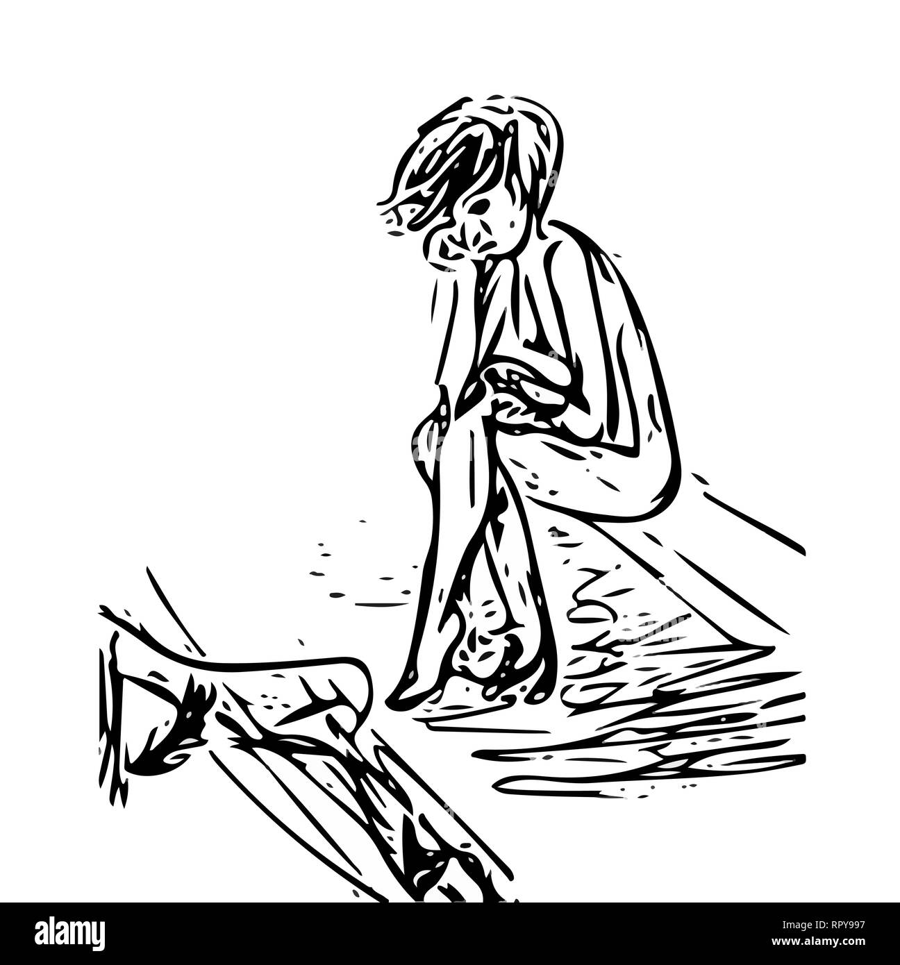seated girl with a sad face looking at the image below. vector drawing with black lines on white isolated background. Stock Vector