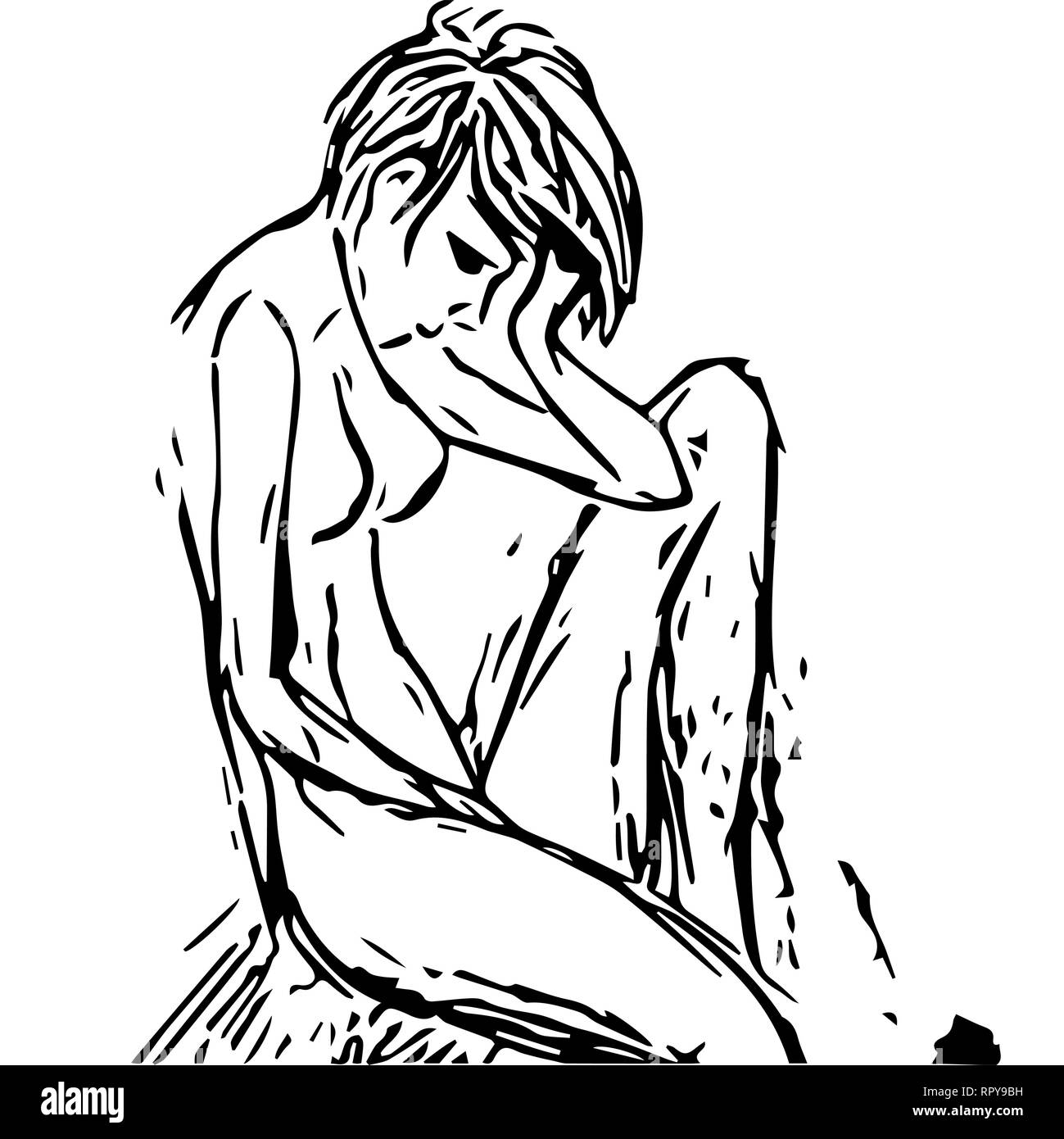 drawn girl sitting leaning his head on his hand and sad. vector drawing with black lines on white isolated background. Stock Vector