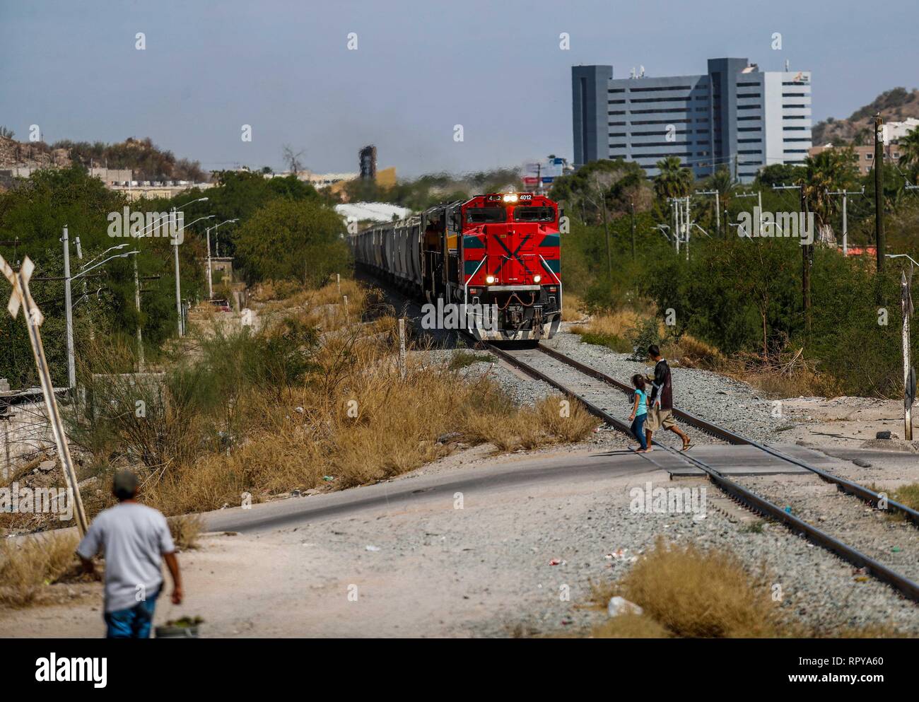 Train or Mexican railways passing through the popular colony in Ranchito and Metalera. Now conicido as Ferromex. Train station FERROMEX in Hermosillo. Stock Photo