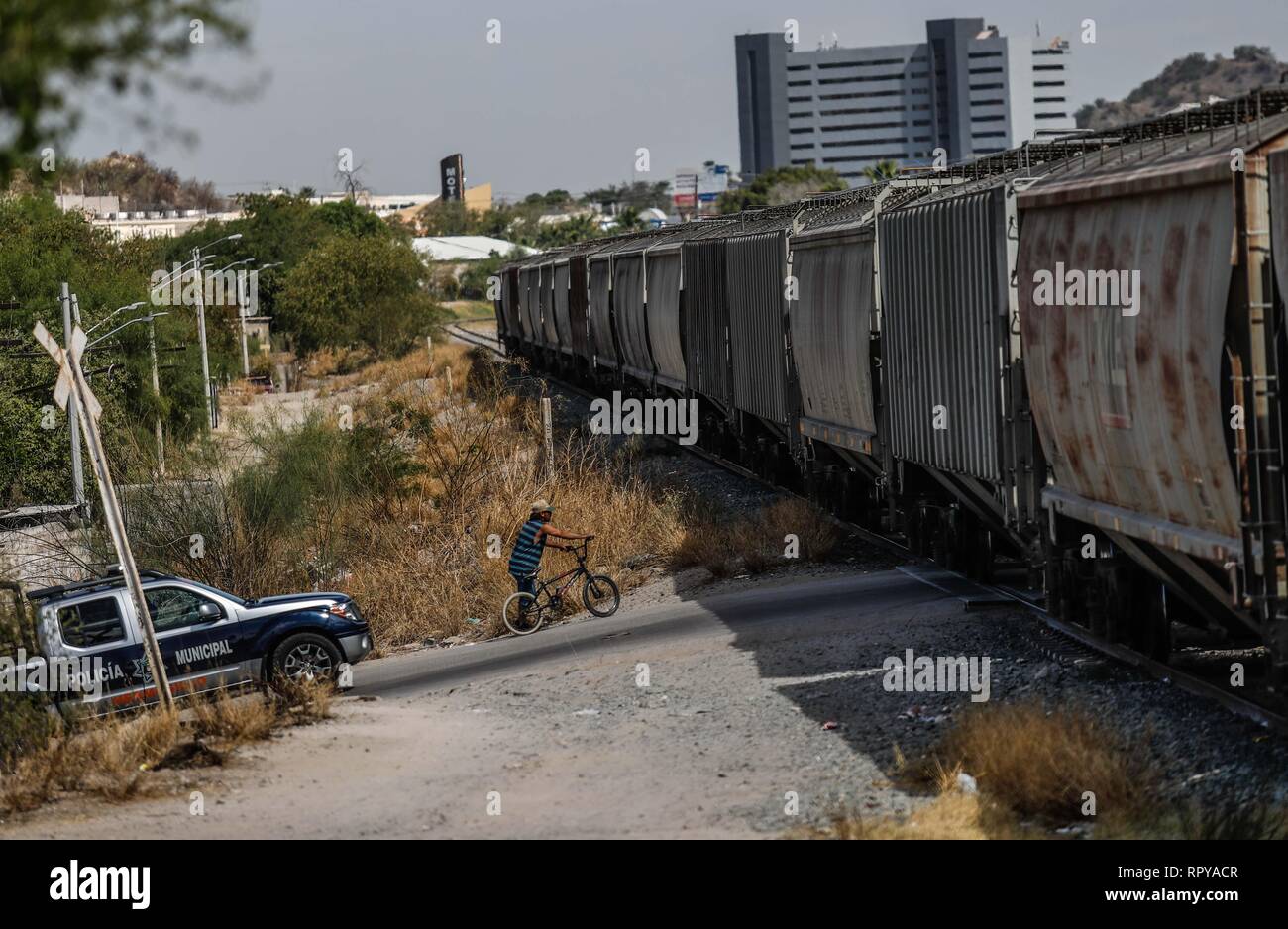 Train or Mexican railways passing through the popular colony in Ranchito and Metalera. Now conicido as Ferromex. Train station FERROMEX in Hermosillo. Stock Photo