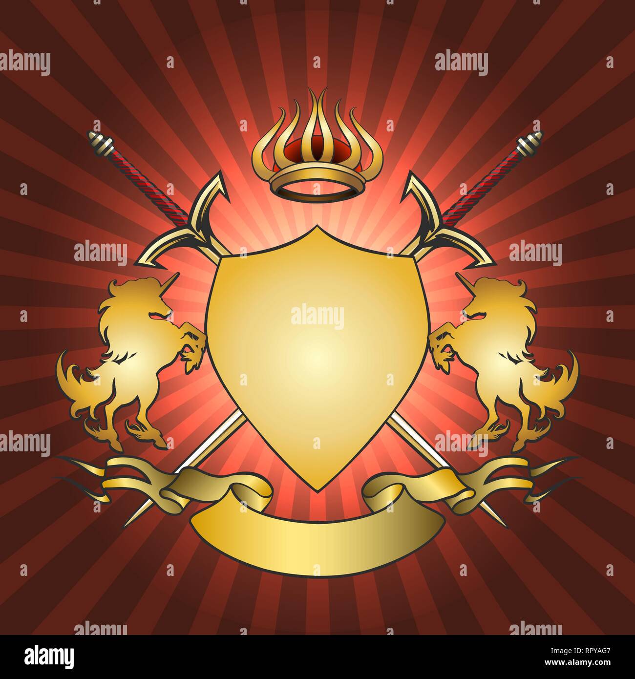 Coat of Arms with Golden shield, ribbon, swords and unicorns. Vector illustration. Stock Vector