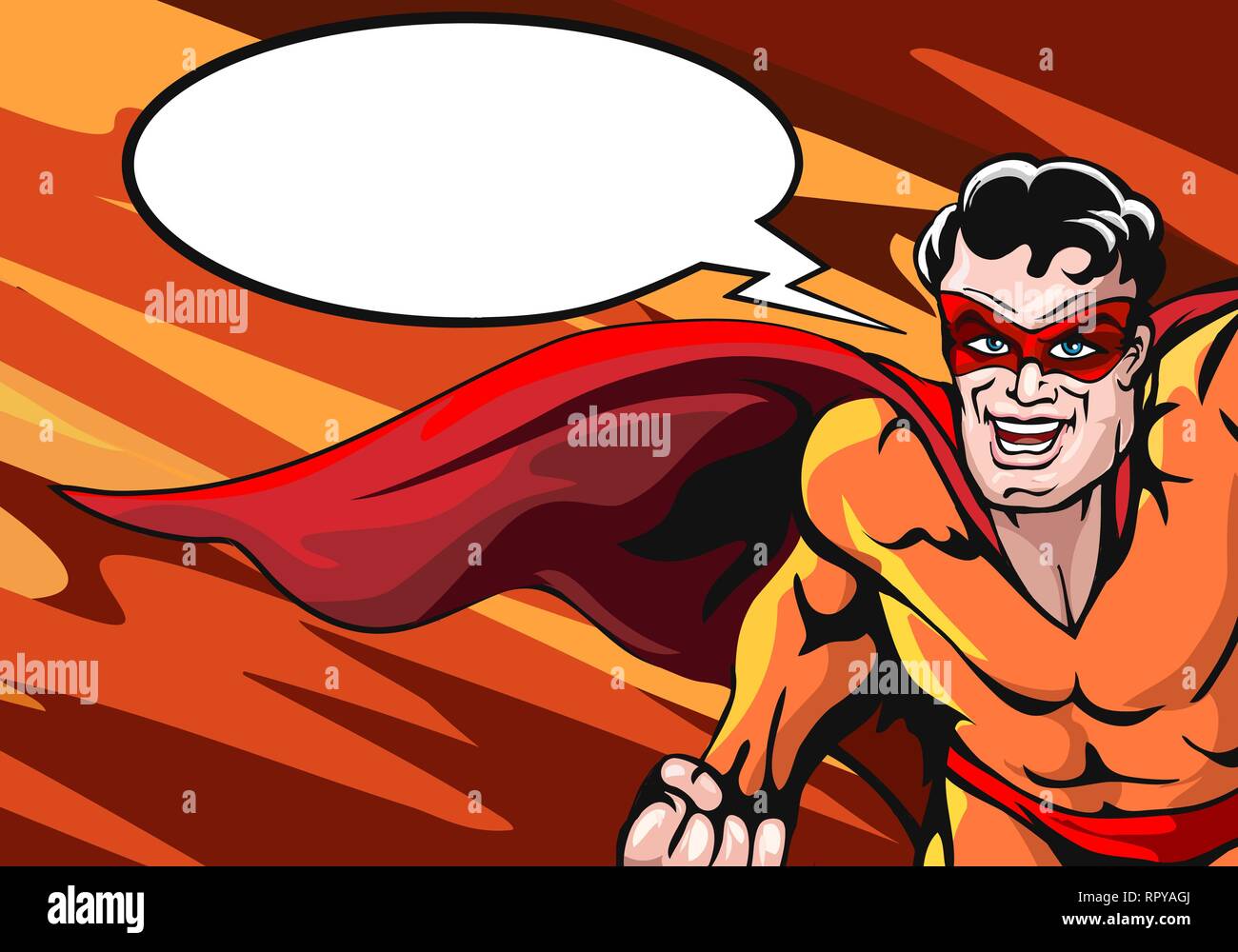Super Hero in cap with empty speech bubble drawn in comic book style. Vector illustartion. Stock Vector