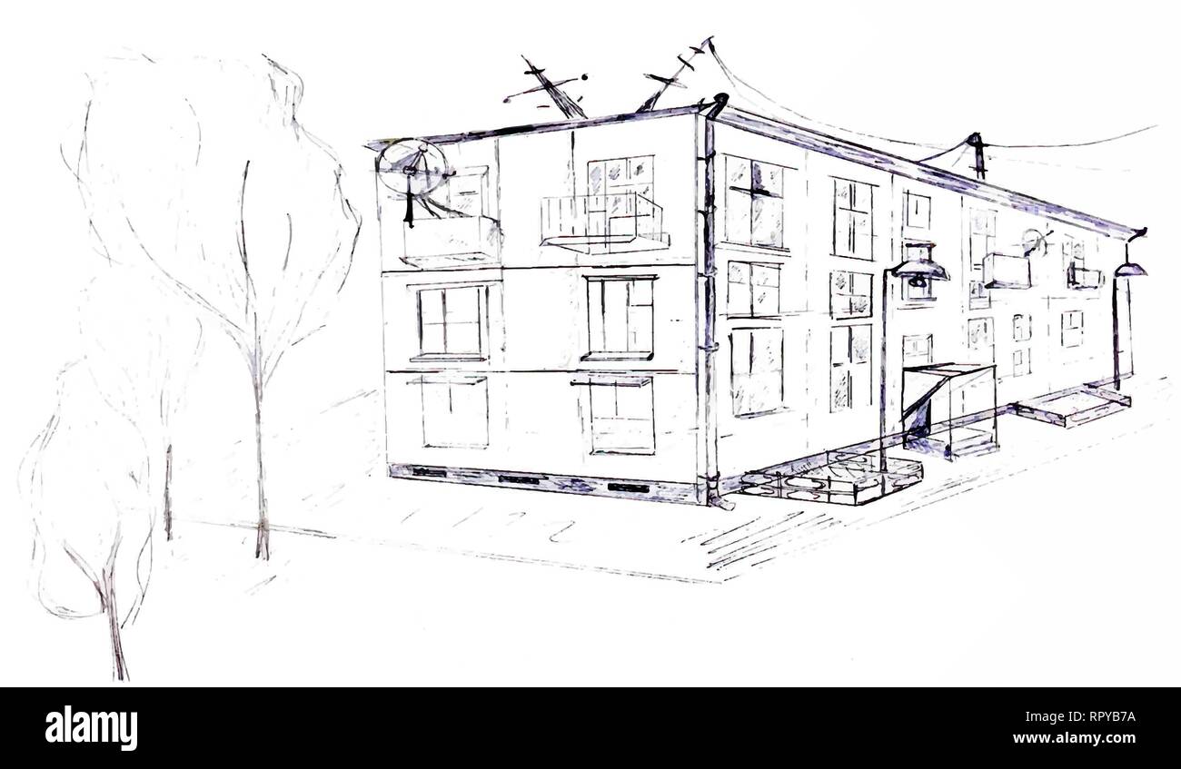 Painted black and white facade of a house. The picture is drawn with a pencil. Stock Vector