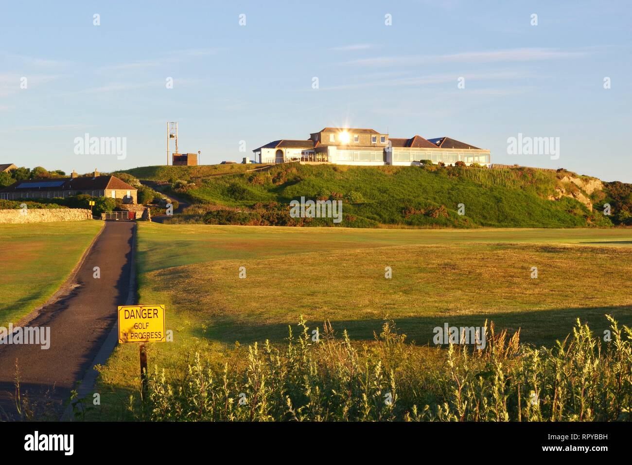 Crail Golfing Society Building and Golf Course on a Sunny Summers Morning. Fife Ness, Fife, Scotland, UK. Stock Photo