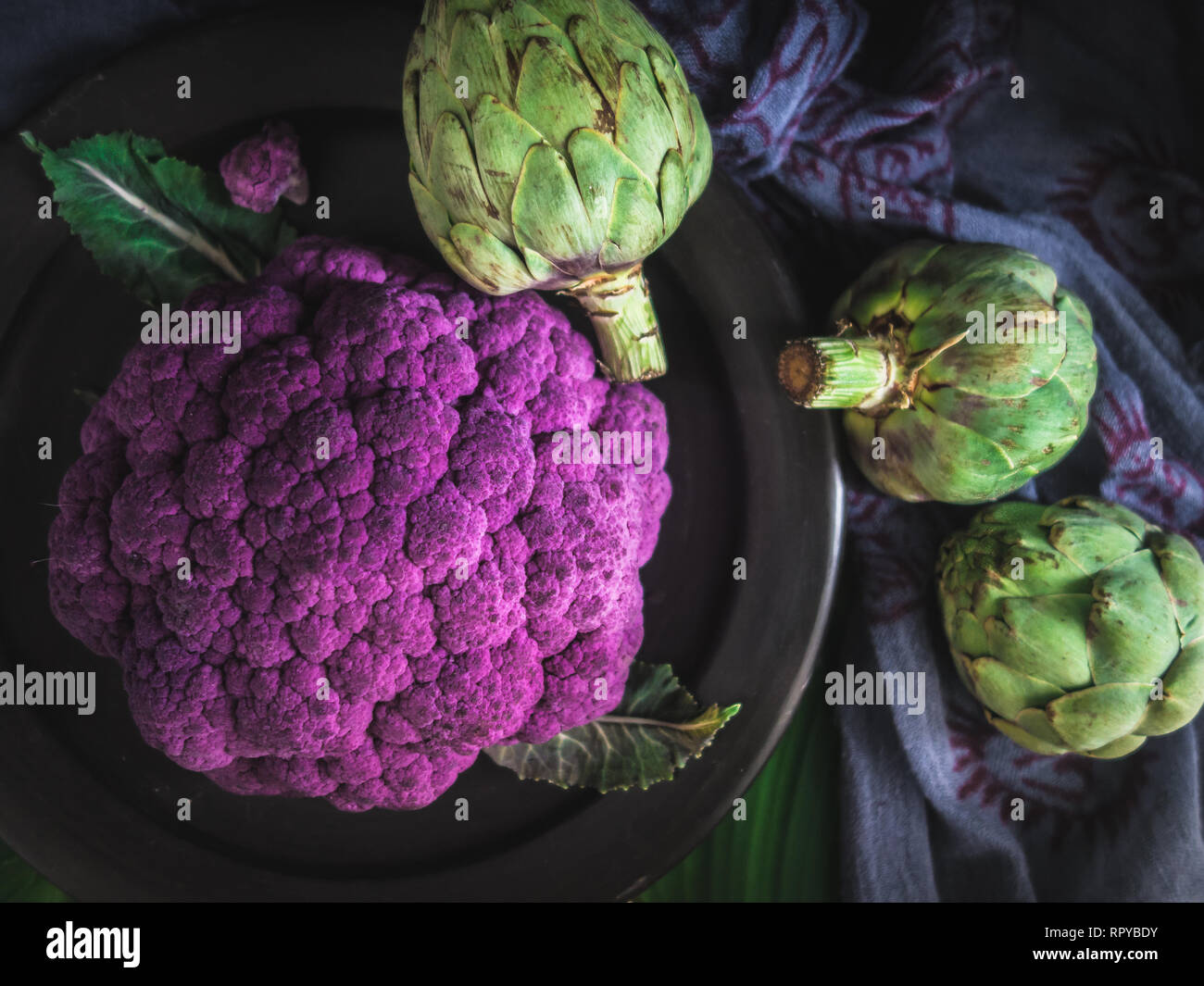 Purple Cauliflower and Three Artichokes Dark Photography Stock Photo