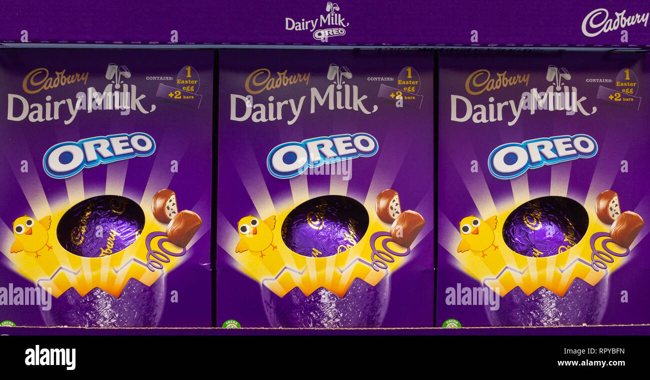 Boxes of Cadbury Dairy Milk Oreo Chocolate Easter Eggs. Stock Photo