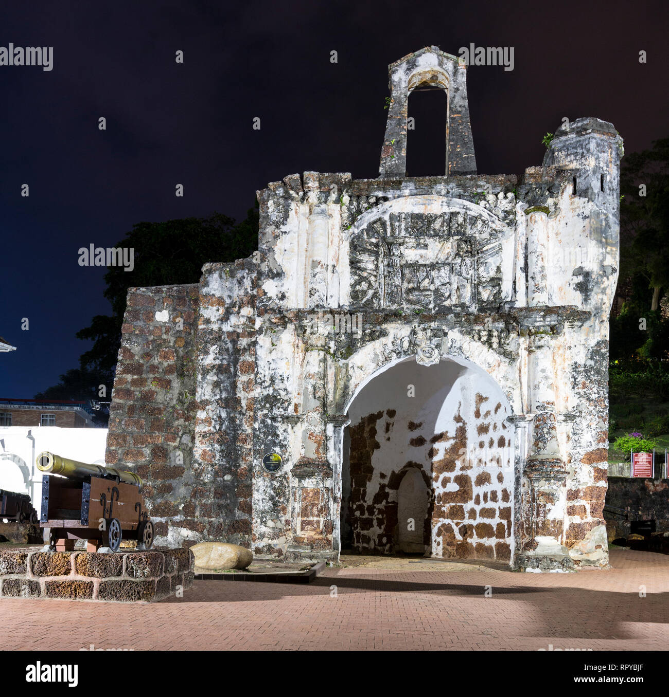 Porta de Santiago, Gate of A Famosa Portuguese Fort, 16th. Century, Night View, Melaka, Malaysia. Stock Photo