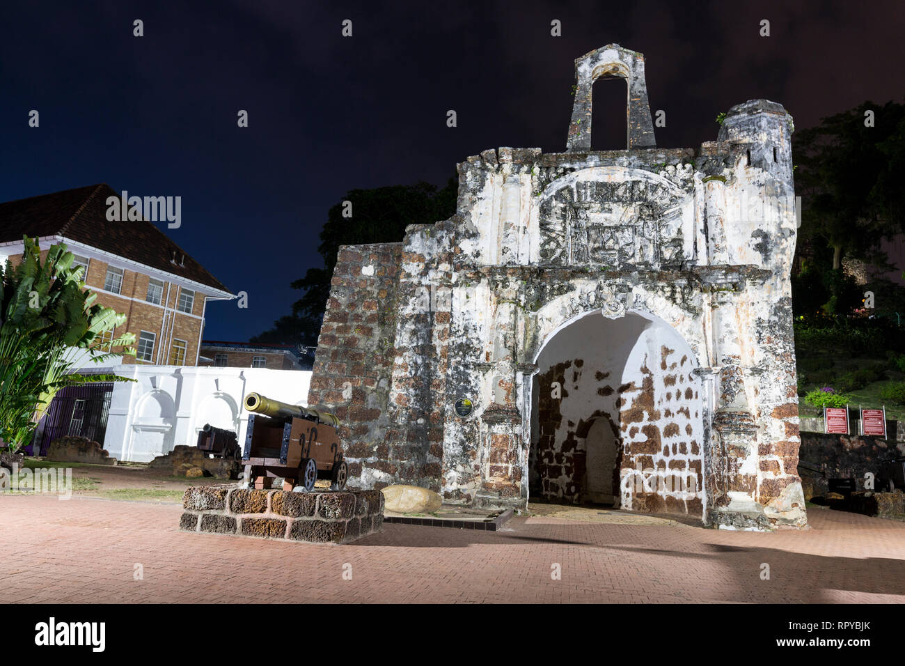 Porta de Santiago, Gate of A Famosa Portuguese Fort, 16th. Century, Night View, Melaka, Malaysia. Stock Photo