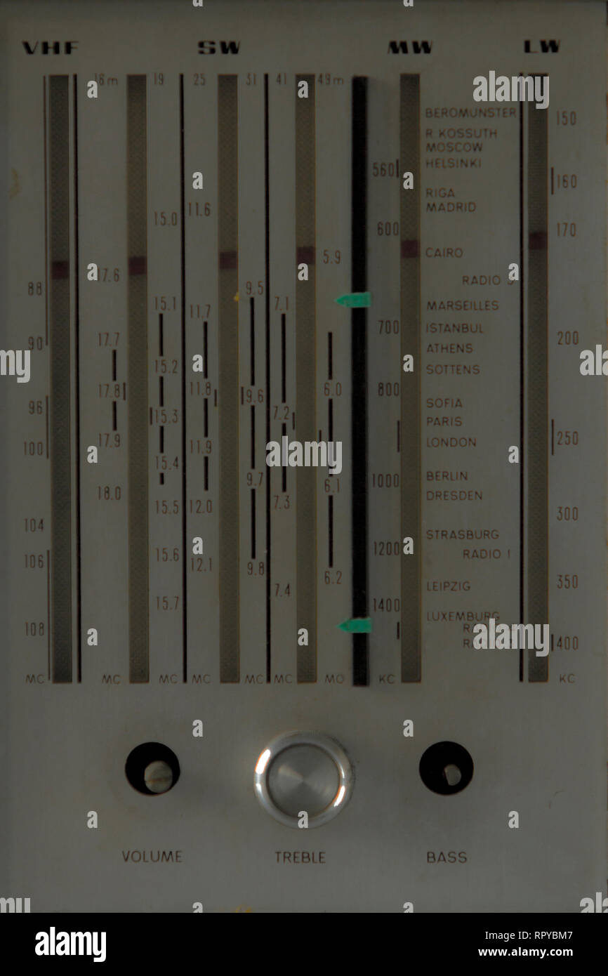 Close up of the panel of a worn out retro radio from 70s with world city  names Stock Photo - Alamy