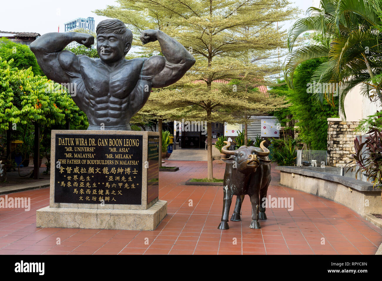 Gan Boon Leong Statue, Father of Malaysian Bodybuilding, Melaka, Malaysia. Stock Photo