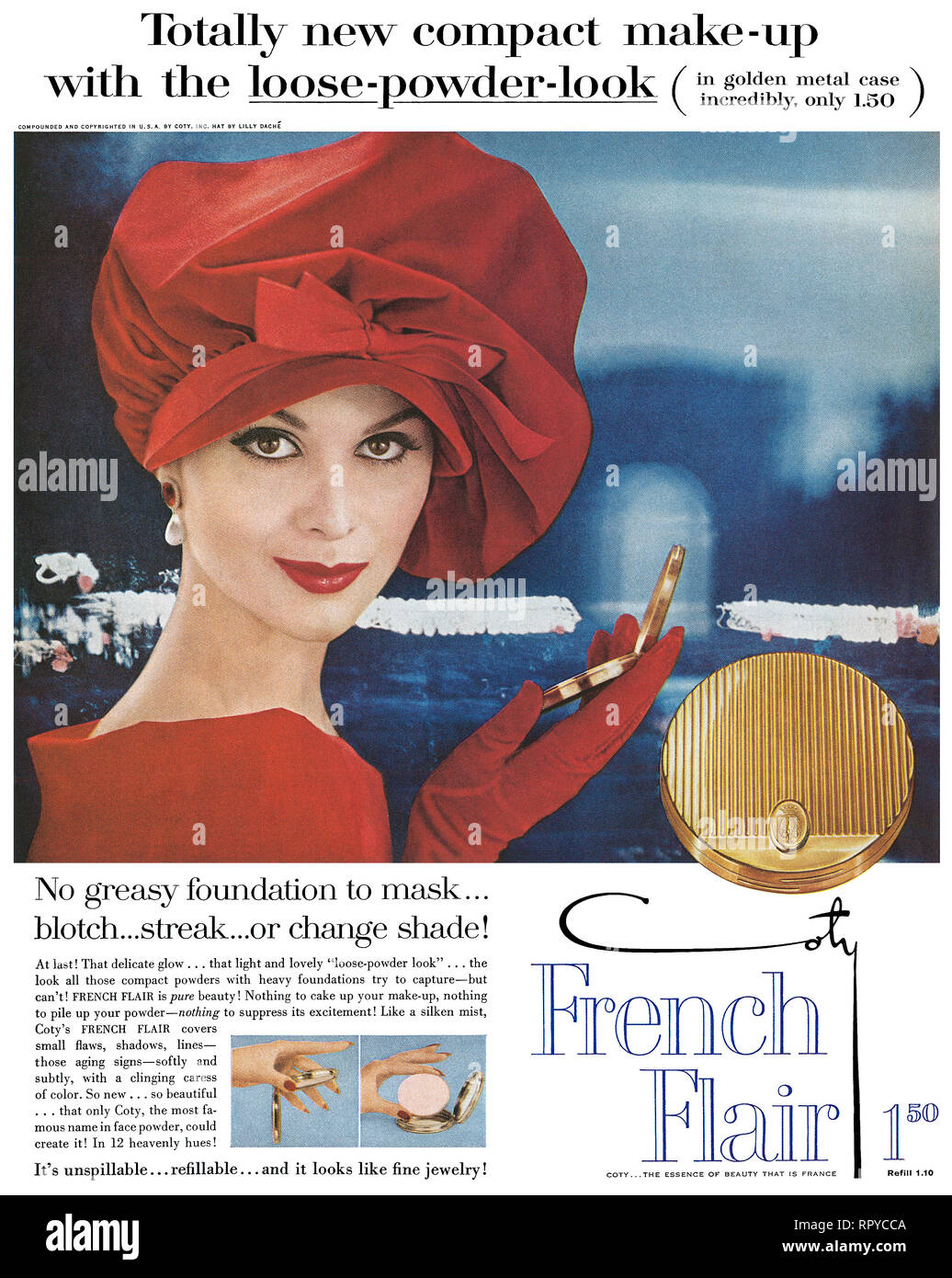 1959 U.S. advertisement for French Flair face powder by Coty. Stock Photo
