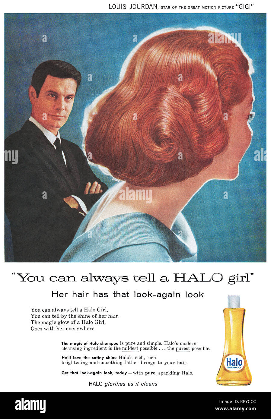 1959 British advertisement for Halo Shampoo, featuring actor Louis Jourdan. Stock Photo