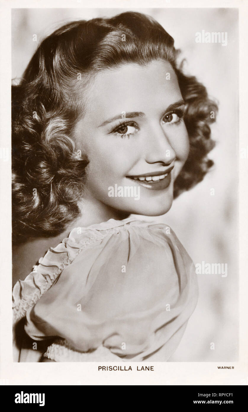 Vintage postcard of American movie actress Priscilla Lane. Stock Photo