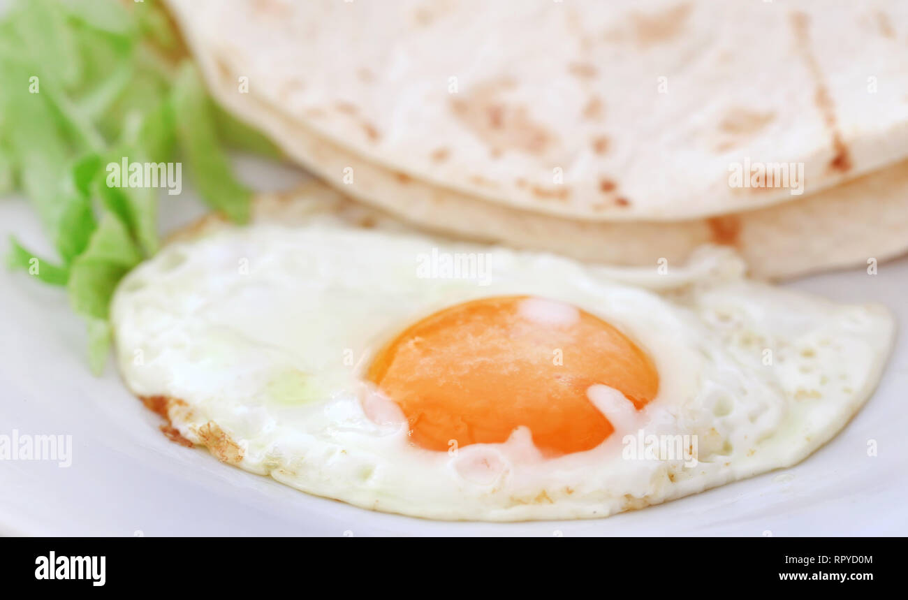 Egg omelet with tortilla bread in a plate as healthy breakfast Stock