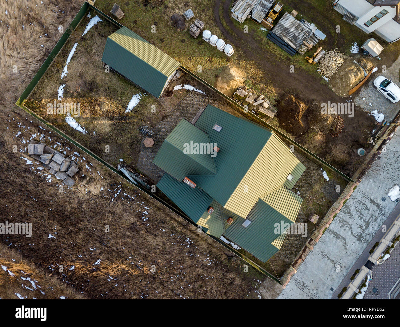 Aerial View Of New Residential House Cottage And Garage Or Barn