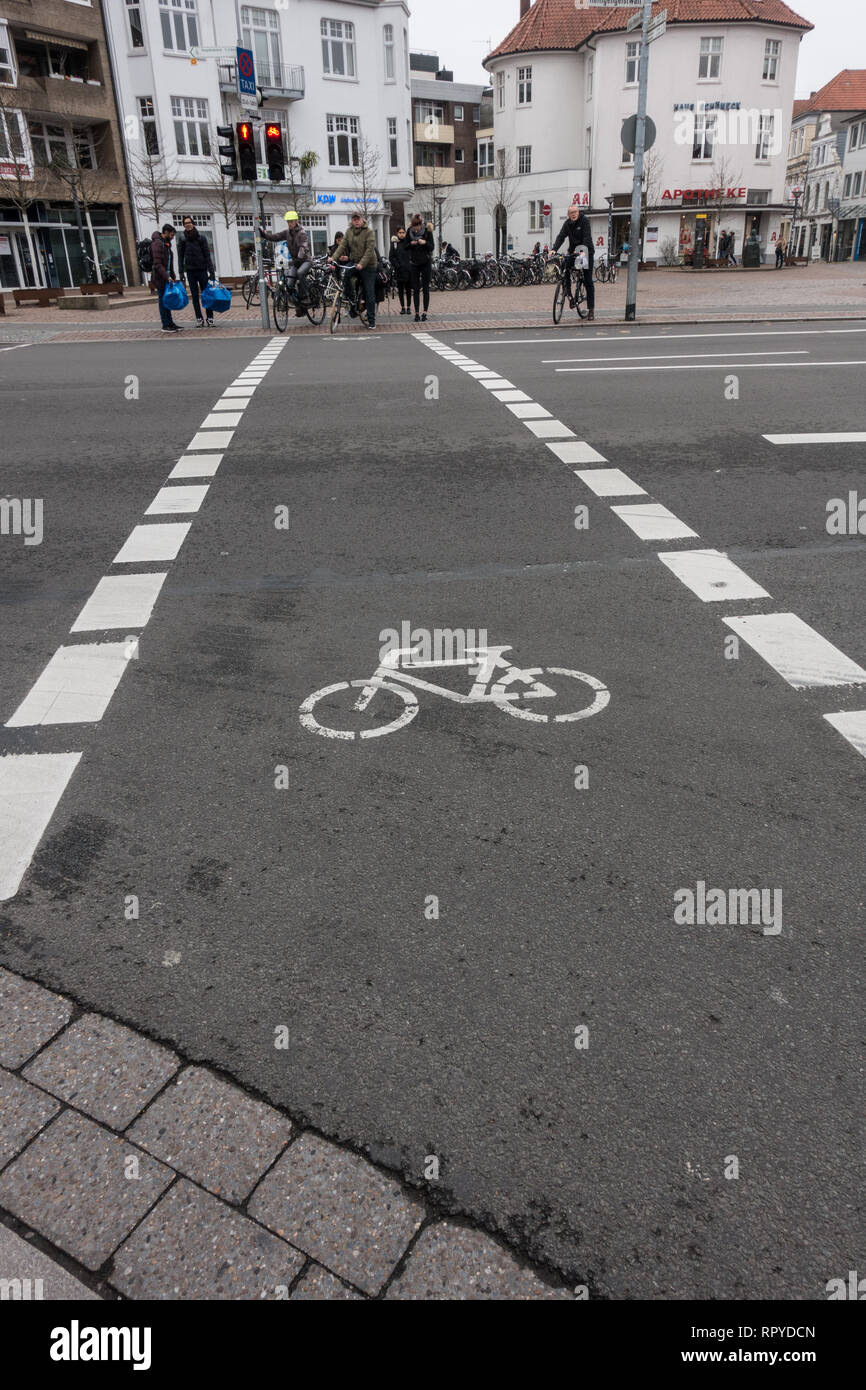 Bicycle crossing lane at traffic lights. Oldenburg. Lower Saxony. Germany Stock Photo
