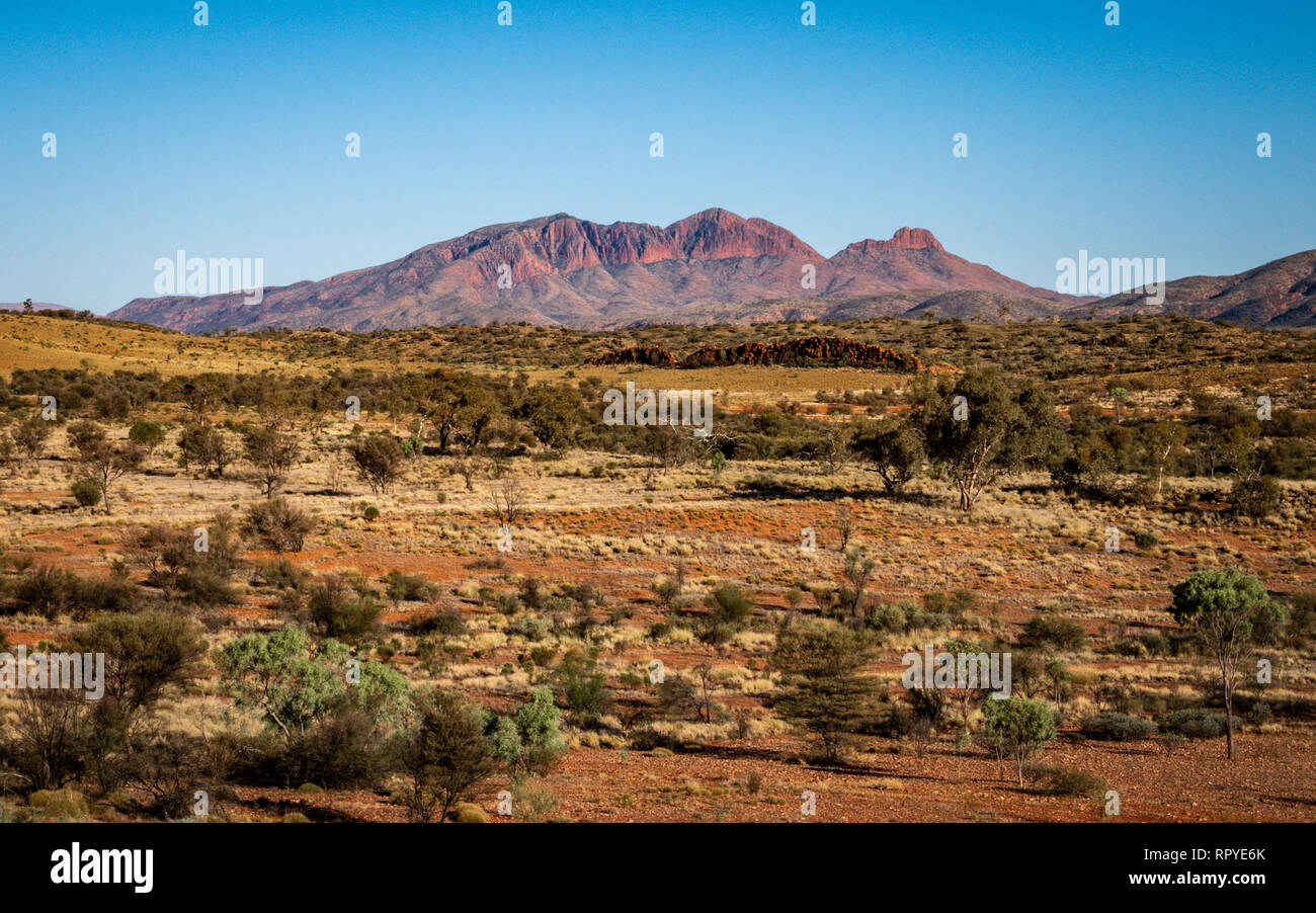 Red centre landscape with distant view of Mount Sonder in NT outback Australia Stock Photo