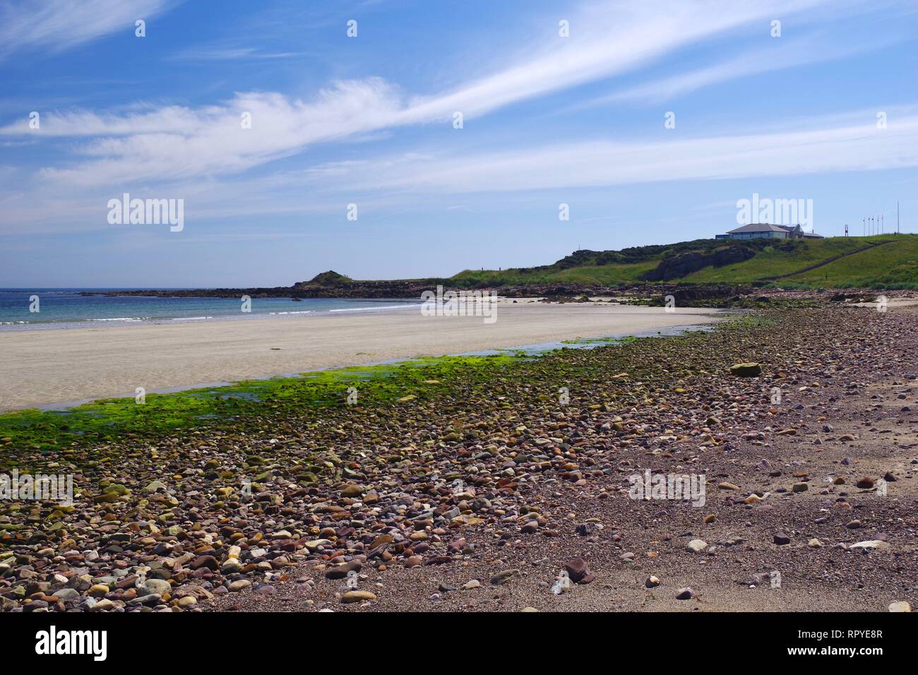 Balcomie Sands Beach and Crail Golf Society on a Sunny Summers Day, Craighead, Fife, Scotland, UK. Stock Photo