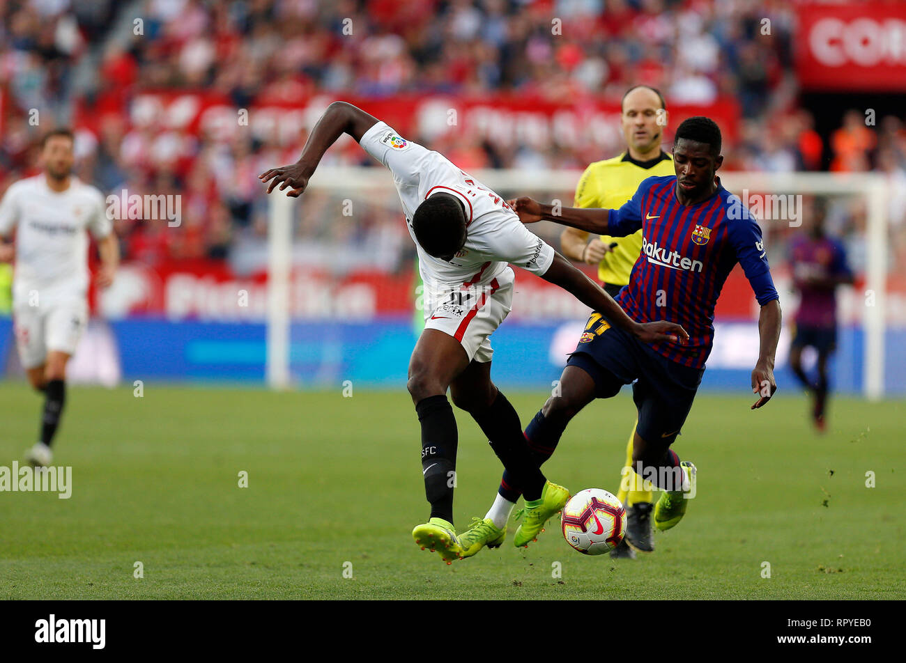 Ibrahim Amadou (Sevilla FC) and Ousmane Dembele (FC Barcelona) are seen in action during the La Liga match between Sevilla FC and Futbol Club Barcelona at Estadio Sanchez Pizjuan in Seville, Spain. ( Final score; Sevilla FC 2:4 Futbol Club Barcelona ) Stock Photo