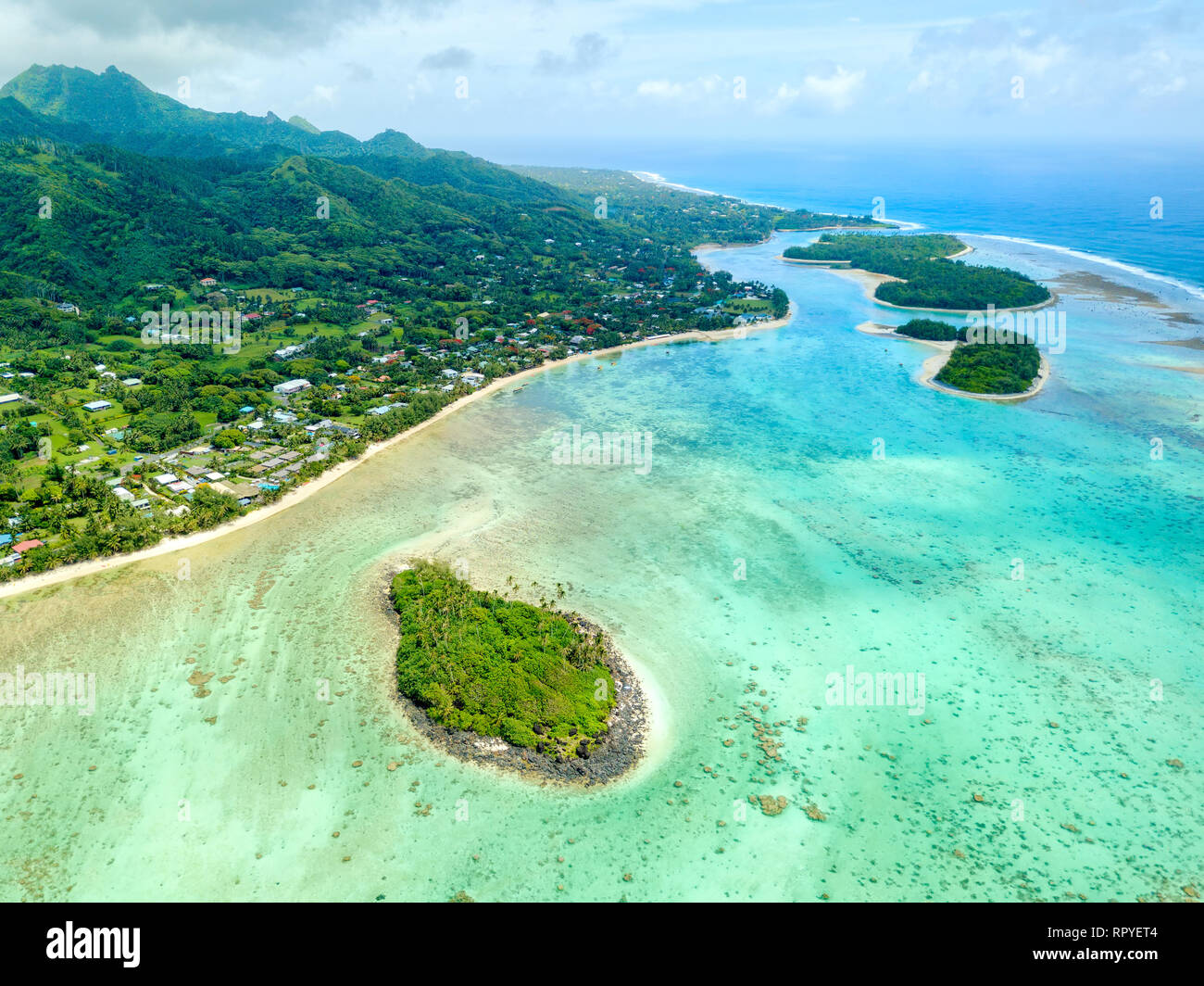 An aerial view of Muri Lagoon on Rarotonga in the Cook Islands Stock ...