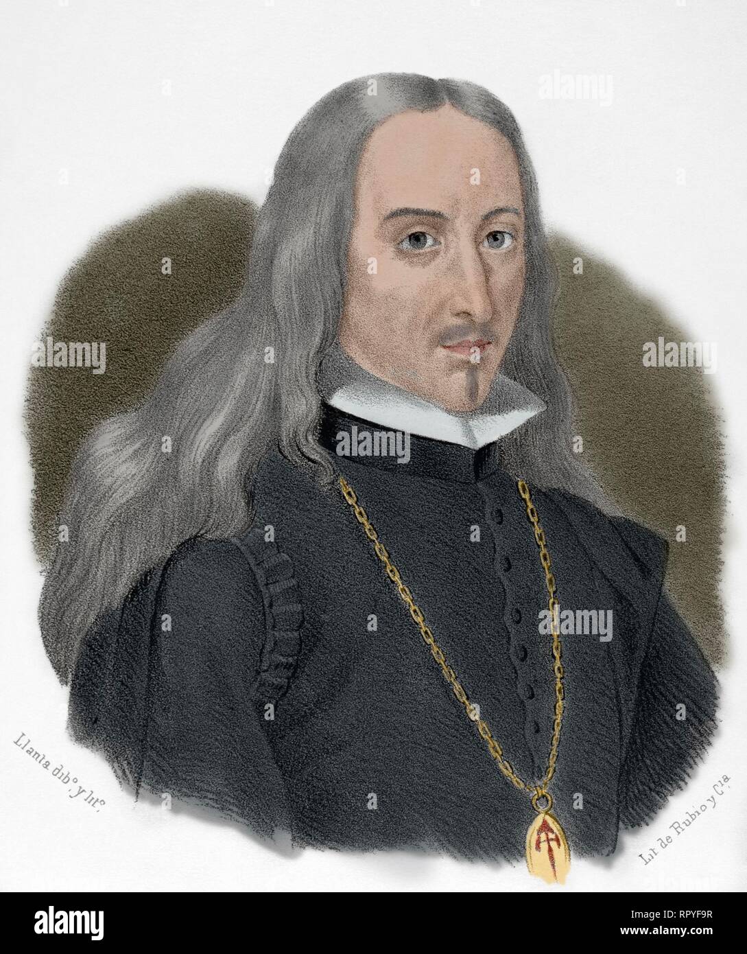 José Pellicer de Ossau Salas y Tovar (1602-1679). Historiador, filósofo y poeta español. Su poesía se adscribió a la corriente culteranista. Dibujo por Llanta. Litografía. Coloreada. Crónica General de España, Historia Ilustrada y Descriptiva de sus Provincias. Cataluña, 1866. Stock Photo