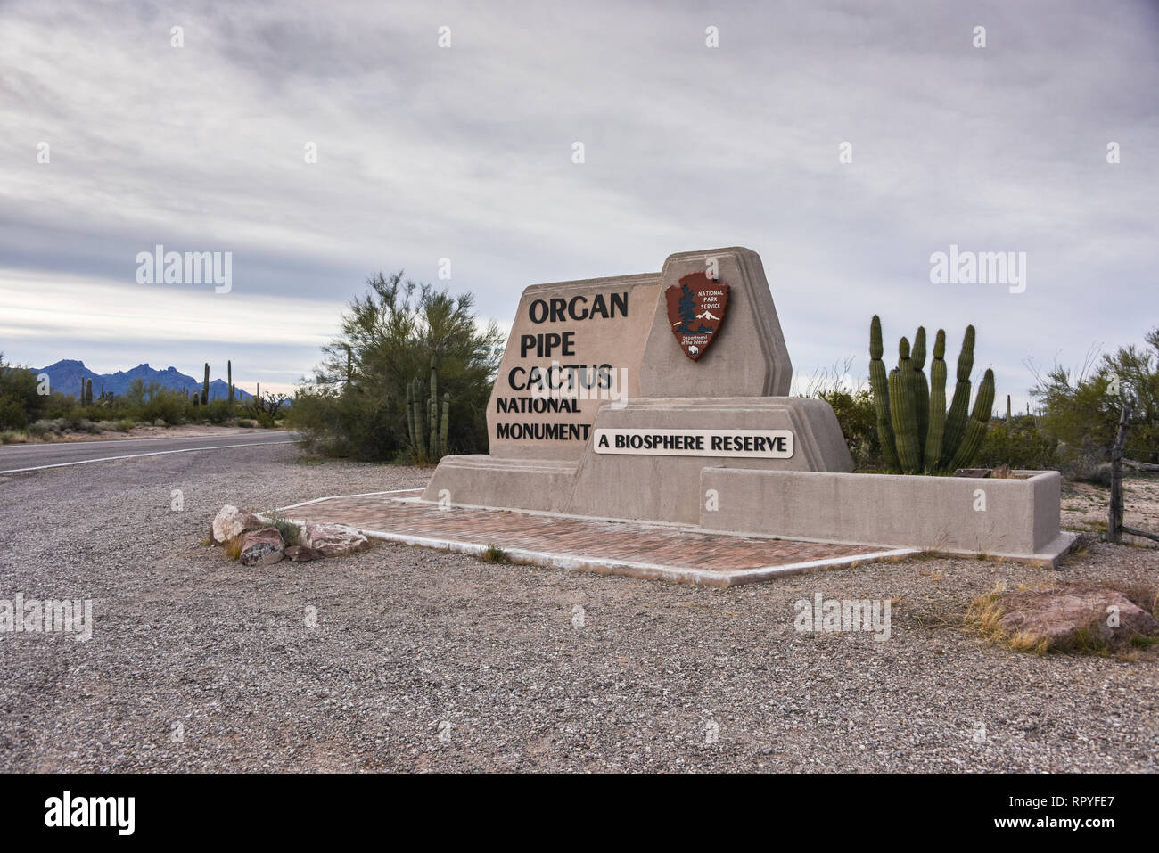 Organ Pipe Cactus National Monument, Entrance Sign, Lukeville, Arizona Stock Photo