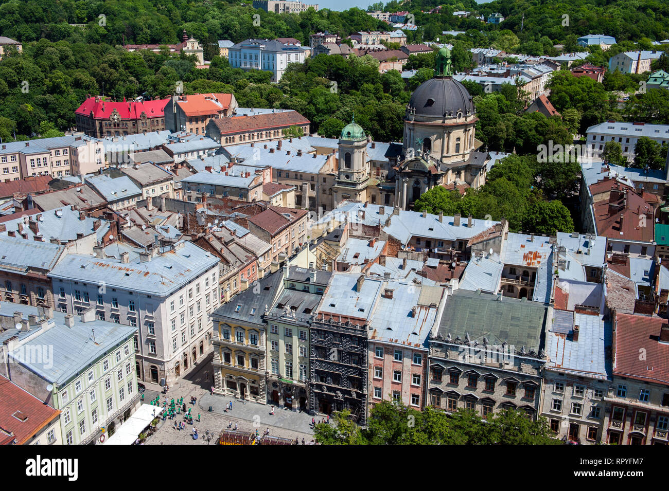 The view over the Old Town from the clock tower on Market Square in Central Lviv, Ukraine. Stock Photo