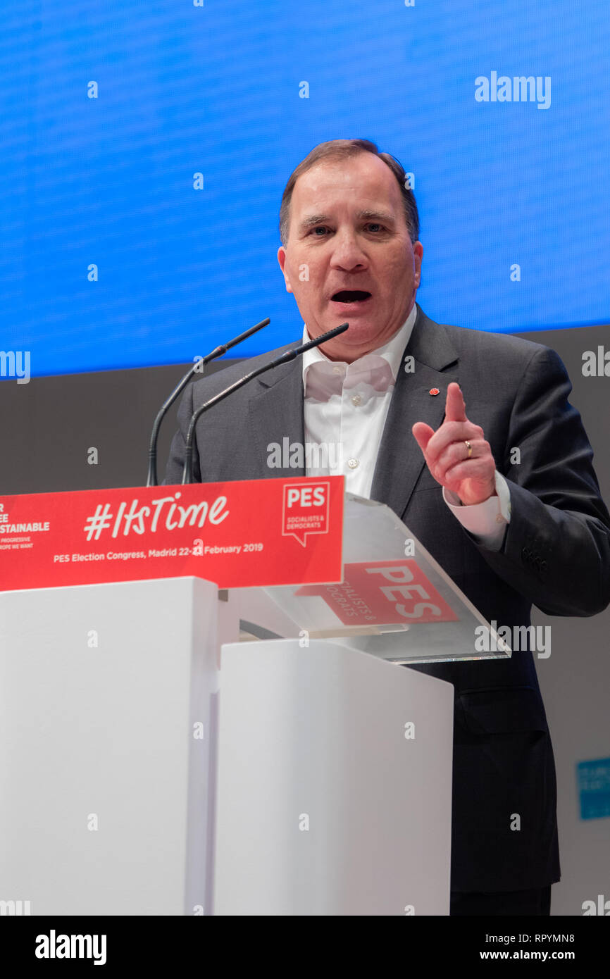 Madrid, Spain. 23rd February, 2019. Stefan Löfven, Prime Minister of Sweden seen speaking in the panel 'Leading change: It’s time for the new social contract' during the Election Congress of the European Socialist Party (PES) in Madrid Credit: Jesús Hellin/Alamy Live News Stock Photo