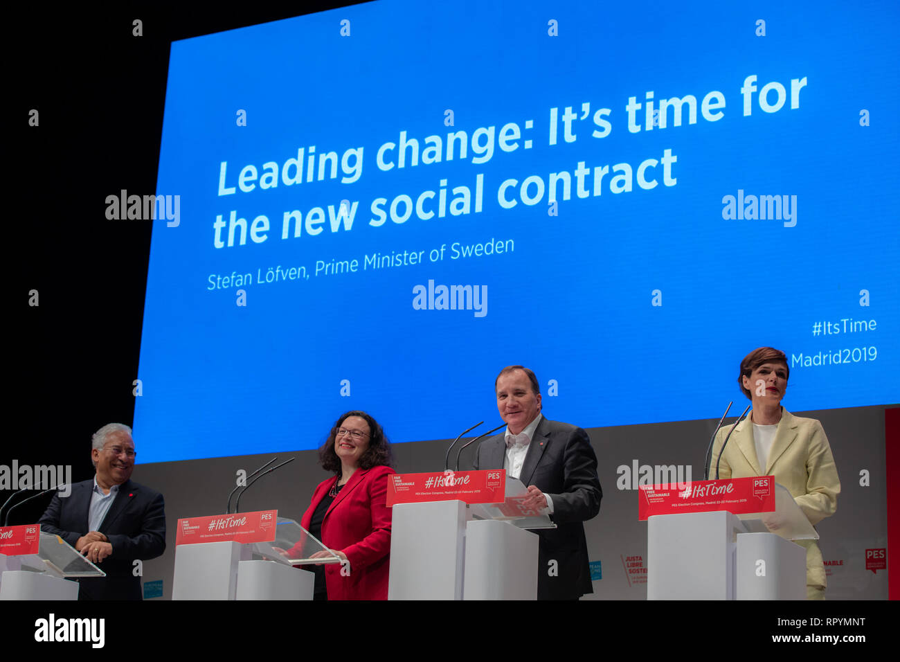 Madrid, Spain. 23rd February, 2019. António Costa(L), Prime Minister of Portugal, Andrea Nahles(LC), SPD Leader, Germany, Stefan Löfven(RC), Prime Minister of Sweden and Pamela Rendi-Wagner(R), SPÖ Leader, Austria attending Congress European Socialist Party (PES) in Madrid Credit: Jesús Hellin/Alamy Live News Stock Photo