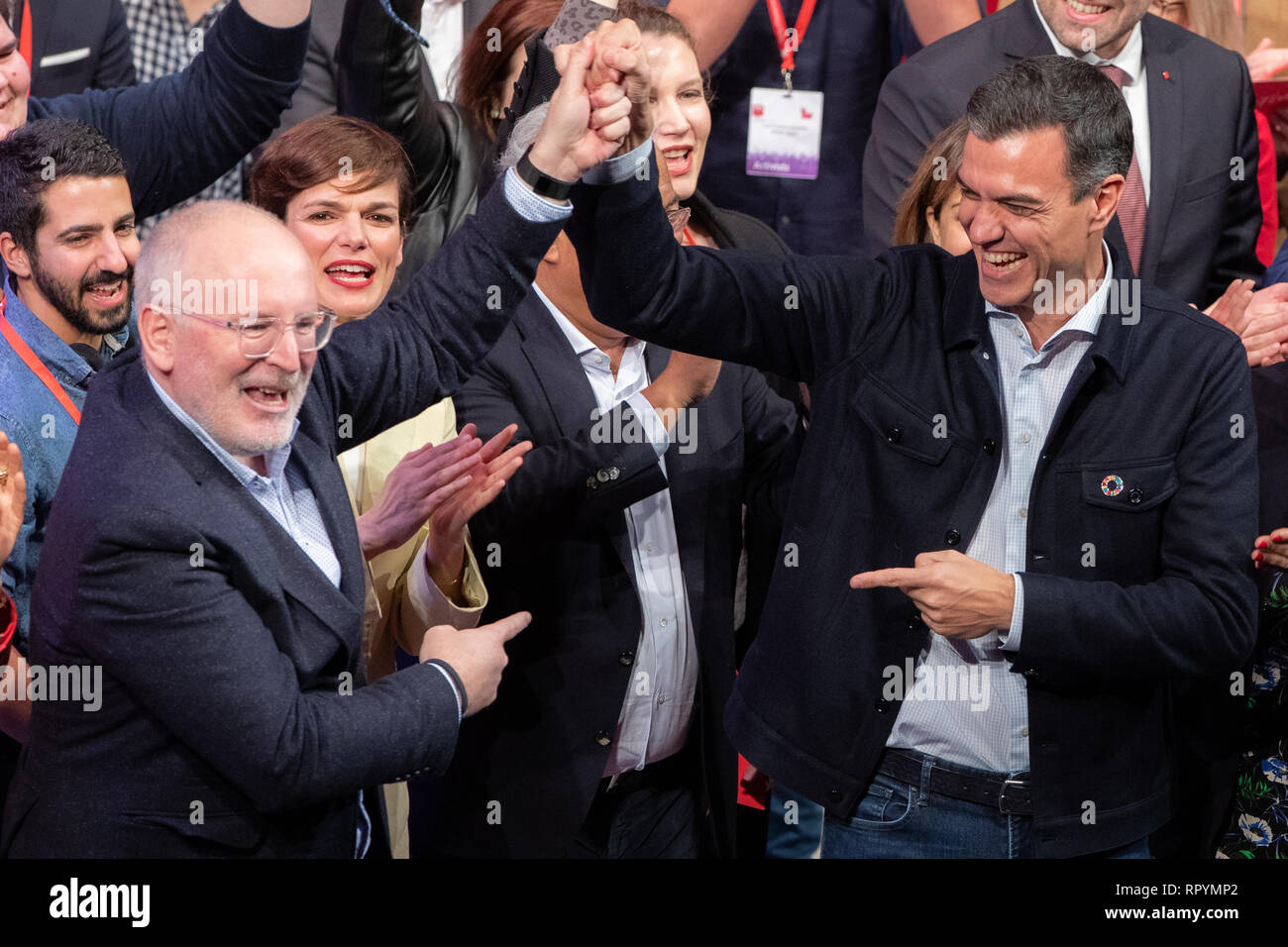 Madrid, Spain. 23rd February, 2019. Frans Timmermans(L), PES Common Candidate and Pedro Sanchez(R), Prime Ministre Spain attending Congress European Socialist Party (PES) in Madrid Credit: Jesús Hellin/Alamy Live News Stock Photo