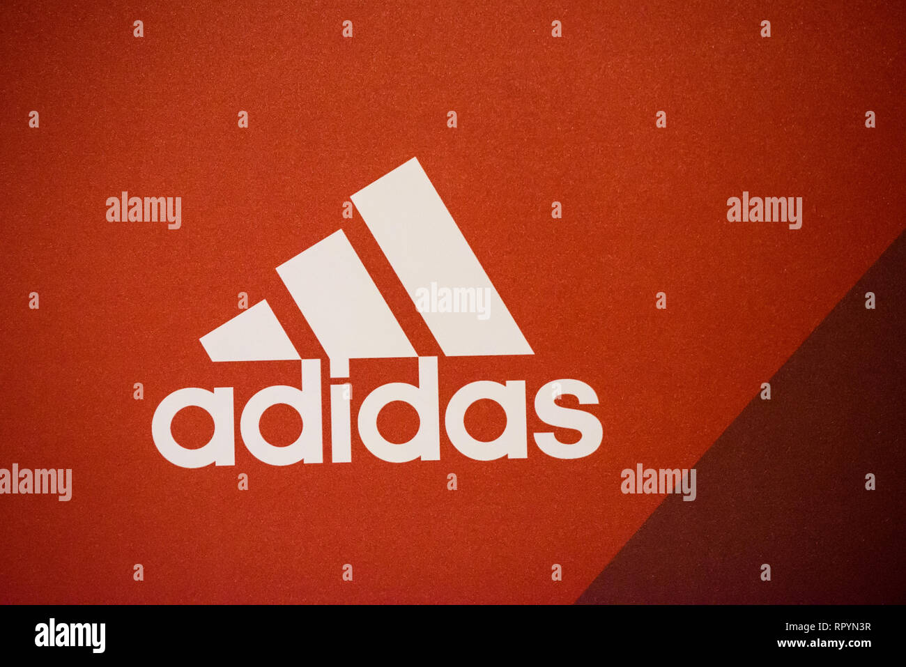 23.02.2019. RIGA, LATVIA. Logo of Adidas company, during Public conference  - Golden Season Opening forum of TET RIGA MARATHON, IAAF only Gold Label  marathon in Northern Europe Stock Photo - Alamy