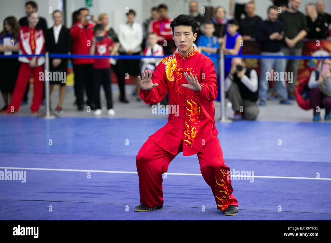 Moscow, Russia. 23rd Feb, 2019. A competitor performs during the opening ceremony for the Moscow Wushu Stars 2019 competition in Moscow, Russia, on Feb. 23, 2019. Credit: Bai Xueqi/Xinhua/Alamy Live News Stock Photo