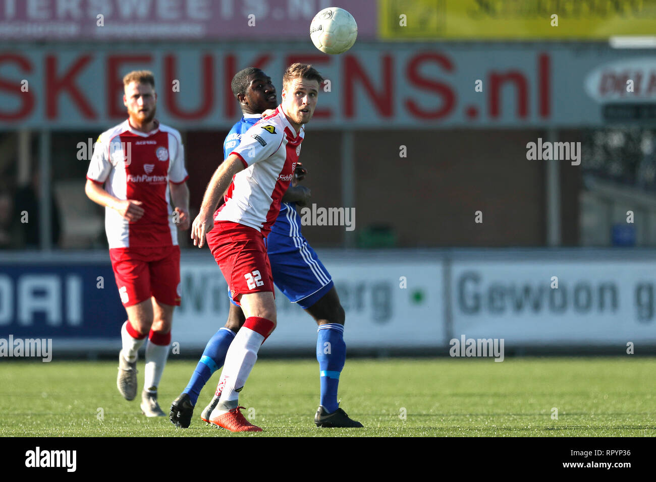 SPAKENBURG , 23-02-2019 , Sportpark de Westmaat, season 2018 / 2019, Dutch Tweede Divisie Football. Kevin van Diermen  and Kyvon Leidsman during the match IJsselmeervogels - Jong Almere City Stock Photo