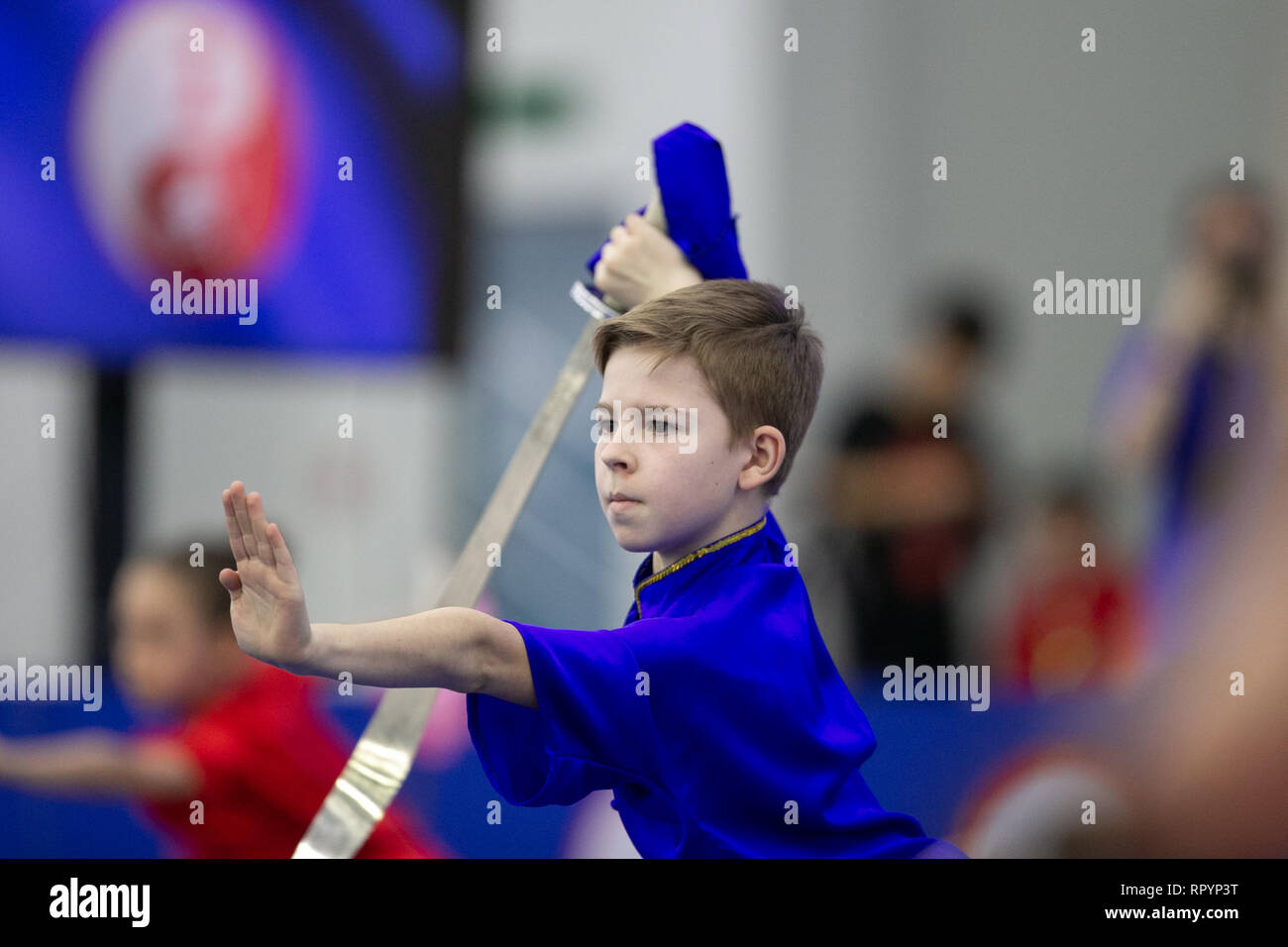 Moscow, Russia. 23rd Feb, 2019. A competitor performs during the opening ceremony for the Moscow Wushu Stars 2019 competition in Moscow, Russia, on Feb. 23, 2019. Credit: Bai Xueqi/Xinhua/Alamy Live News Stock Photo