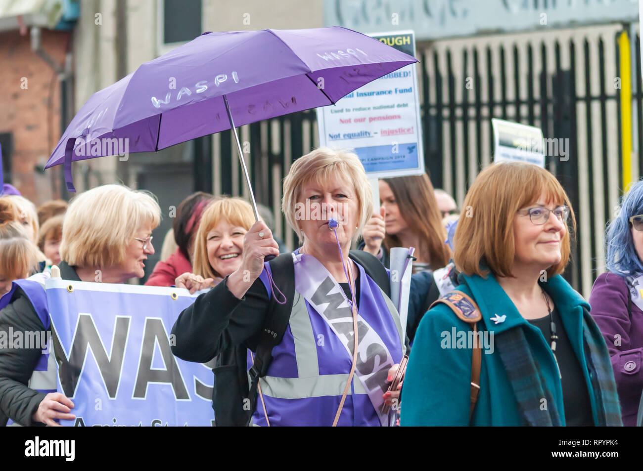 Glasgow, Scotland, UK. 23rd February, 2019. Rally for 1950's born Scottish Women Against State Pension Injustice, WASPI. Women who were born in the 1950's have had the qualifying age of their state pension changed by up to six years resulting in pension losses of up to £48,000. Credit: Skully/Alamy Live News Stock Photo