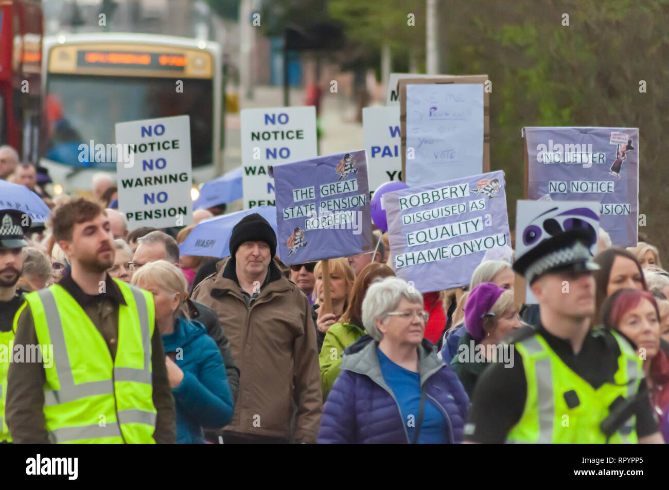 Glasgow, Scotland, UK. 23rd February, 2019. Rally for 1950's born Scottish Women Against State Pension Injustice, WASPI. Women who were born in the 1950's have had the qualifying age of their state pension changed by up to six years resulting in pension losses of up to £48,000. Credit: Skully/Alamy Live News Stock Photo