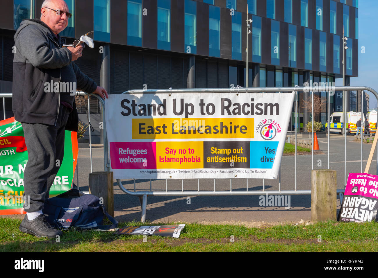 Salford, Greater Manchester, UK. 23rd February, 2019. Anti-fascist protestors are holding a counter rally at MediaCity in Salford against plans by the former leader of the English Defence League to demonstrate against the BBC. Credit: Alvaro Velazquez Gardeta/Alamy Live News Stock Photo