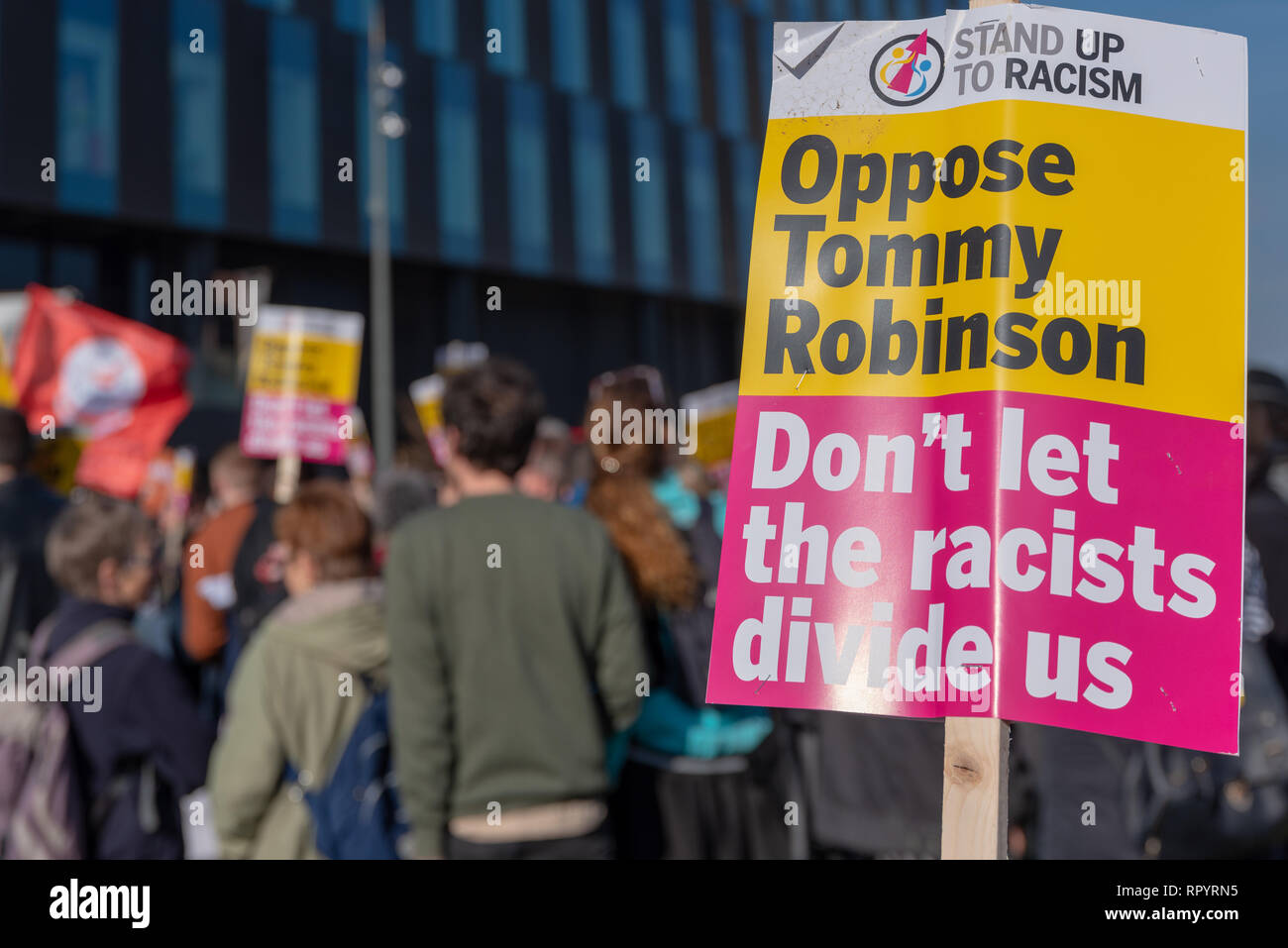 Salford, Greater Manchester, UK. 23rd February, 2019. Anti-fascist protestors are holding a counter rally at MediaCity in Salford against plans by the former leader of the English Defence League to demonstrate against the BBC. Credit: Alvaro Velazquez Gardeta/Alamy Live News Stock Photo