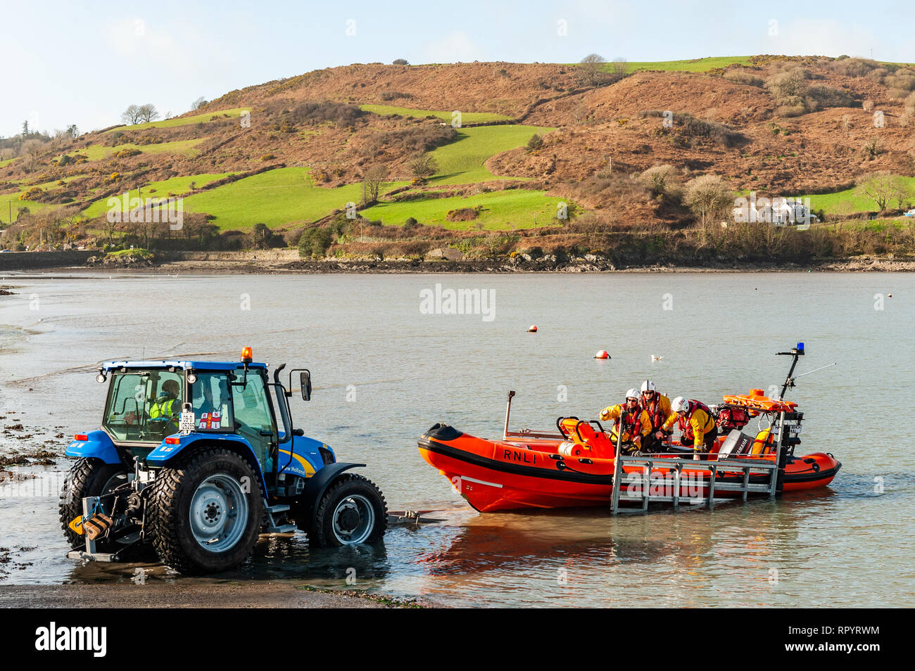 Union Hall, West Cork, Ireland. 23rd Feb, 2019. The RNLI Lifeboat 'Margaret Bench Of Solihull' is launched at Union Hall to participate in a man overboard demonstration for the general public. The lifeboat was called out 10 times in 2018 and once so far this year. Credit: Andy Gibson/Alamy Live News. Stock Photo