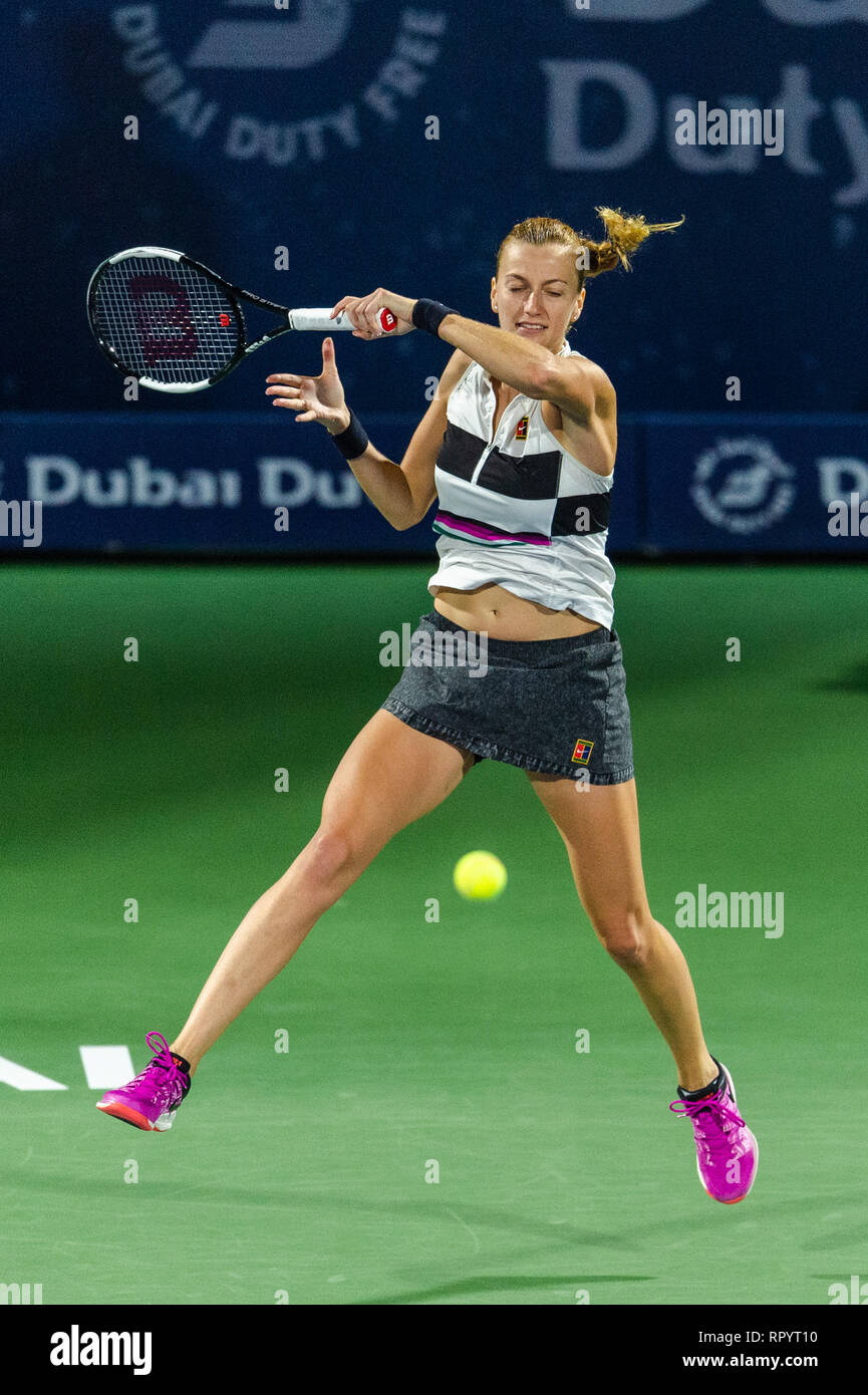 Dubai, UAE. 23rd February, 2019. Petra Kvitova of the Czech Republic plays  a shot in the final match against Belinda Bencic of Switzerland during the  Dubai Duty Free Tennis Championship at the