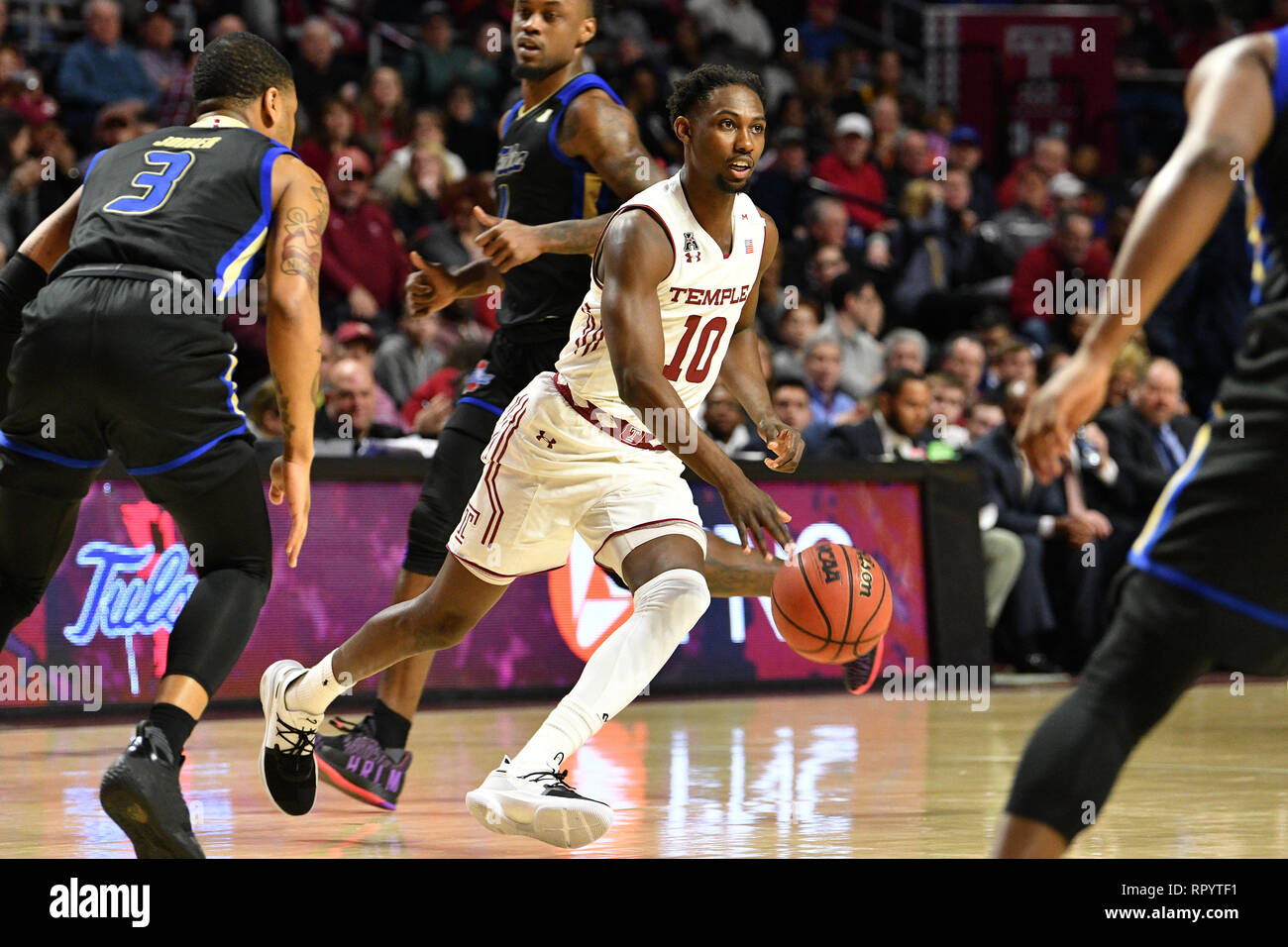 Philadelphia, Pennsylvania, USA. 23rd Feb, 2019. Temple Owls guard SHIZZ ALSTON JR. (10) works through traffic bringing the ball up during the American Athletic Conference basketball game played at the Liacouras Center in Philadelphia. Temple leads Tulsa 31-30. Credit: Ken Inness/ZUMA Wire/Alamy Live News Stock Photo