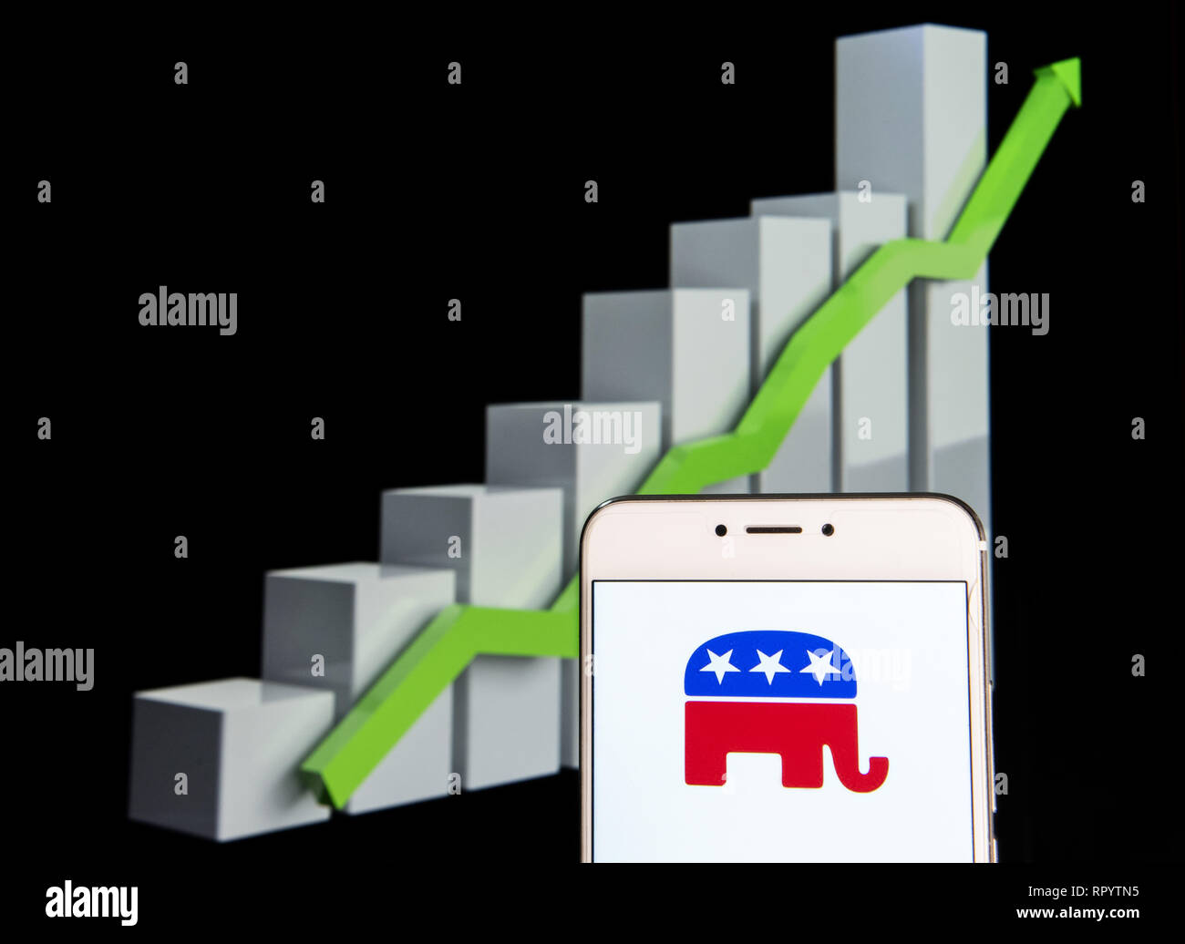 February 11, 2019 - Hong Kong - American liberal, progressive and left-wing democratic Party icon is seen on an android mobile device with an ascent growth chart in the background. (Credit Image: © Miguel Candela/SOPA Images via ZUMA Wire) Stock Photo
